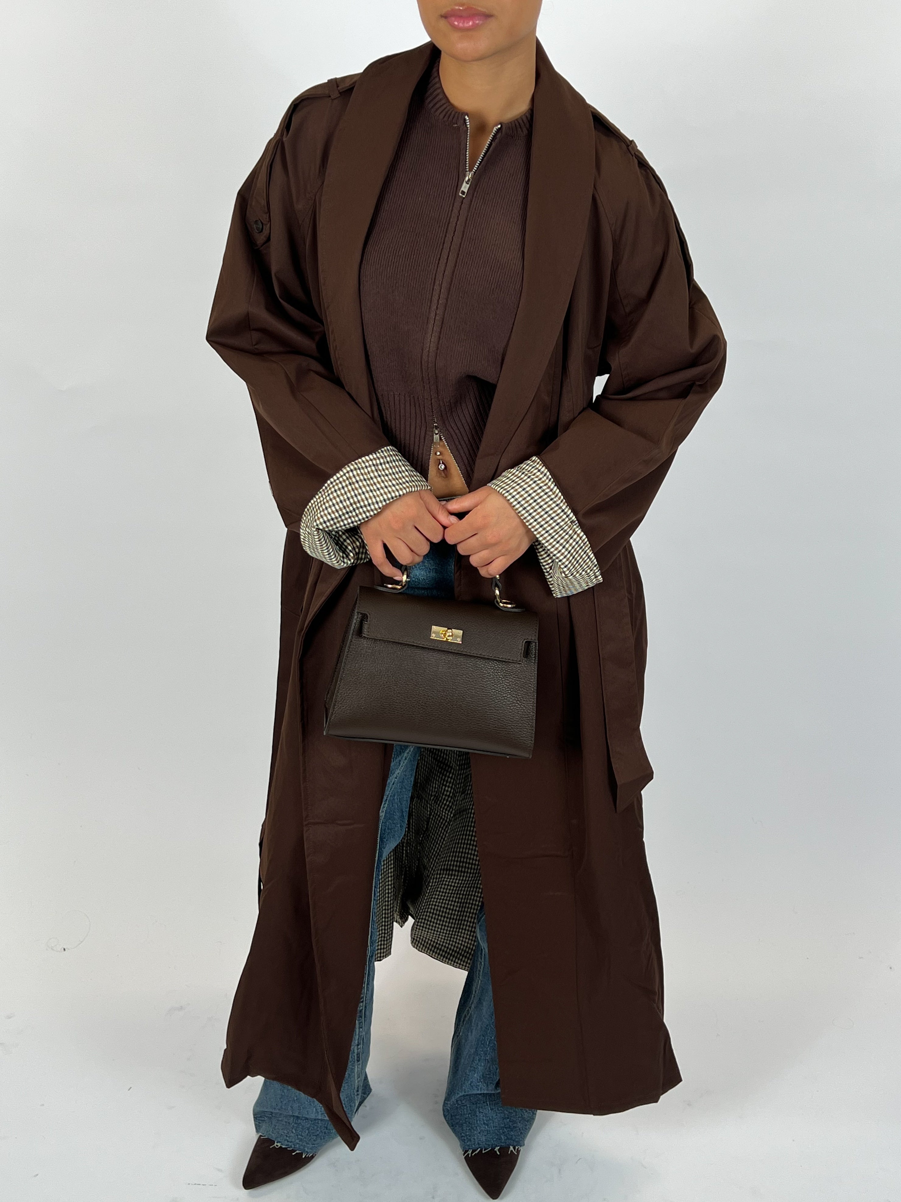 CHECHERED MAXI TRENCH COAT CHOCO