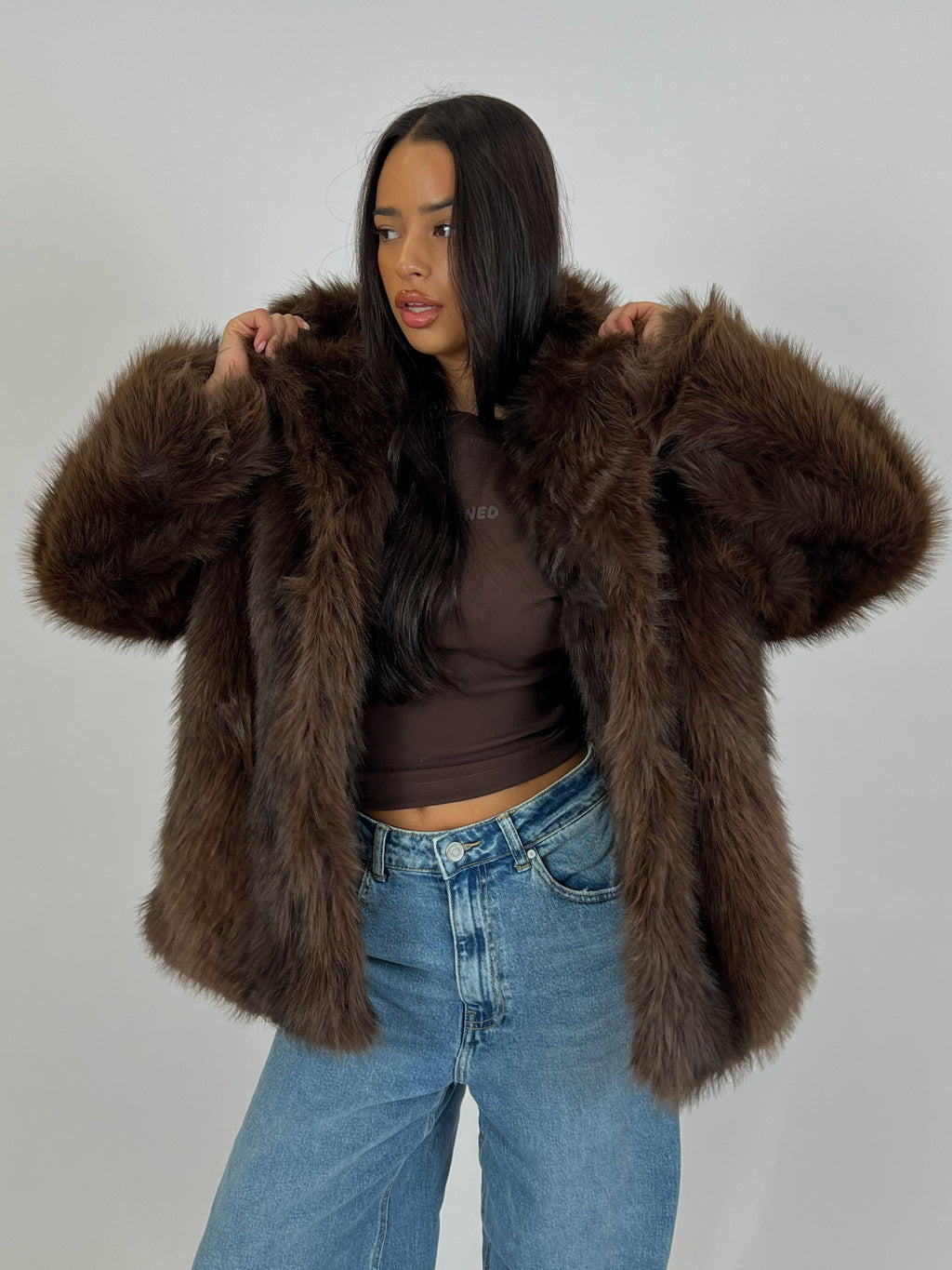 BIG COLLAR FAUX FUR COAT DARK BROWN