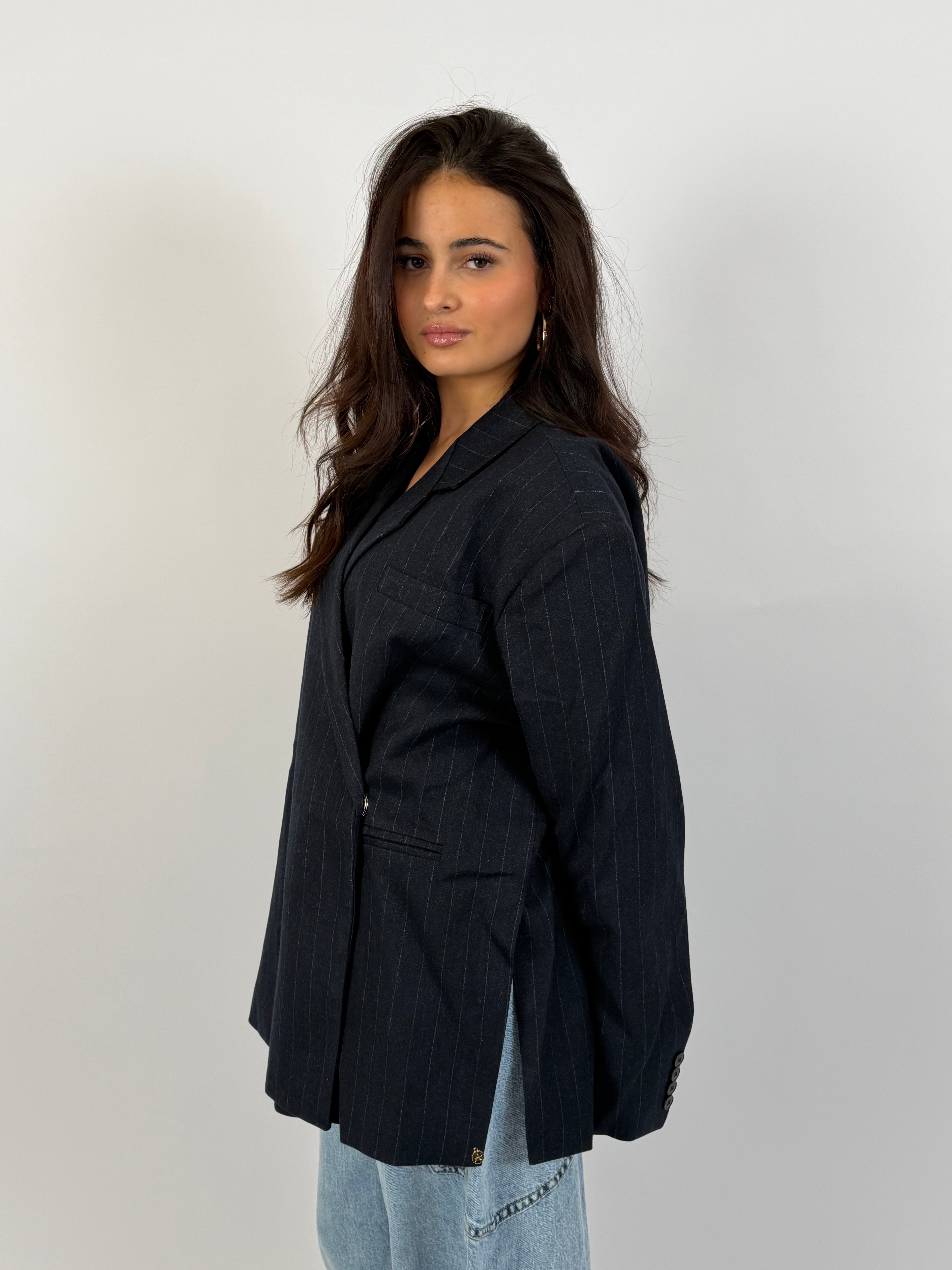 OVERSIZED PINSTRIPE DAD BLAZER NAVY