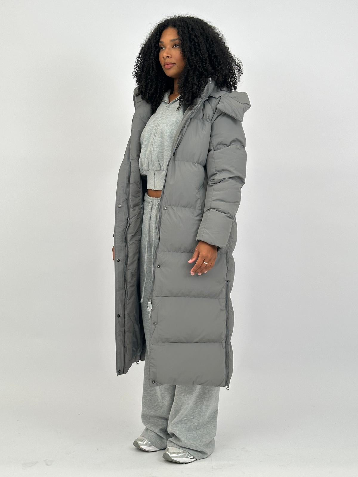 LONG ZIPPER PUFFER COAT GREY 7580
