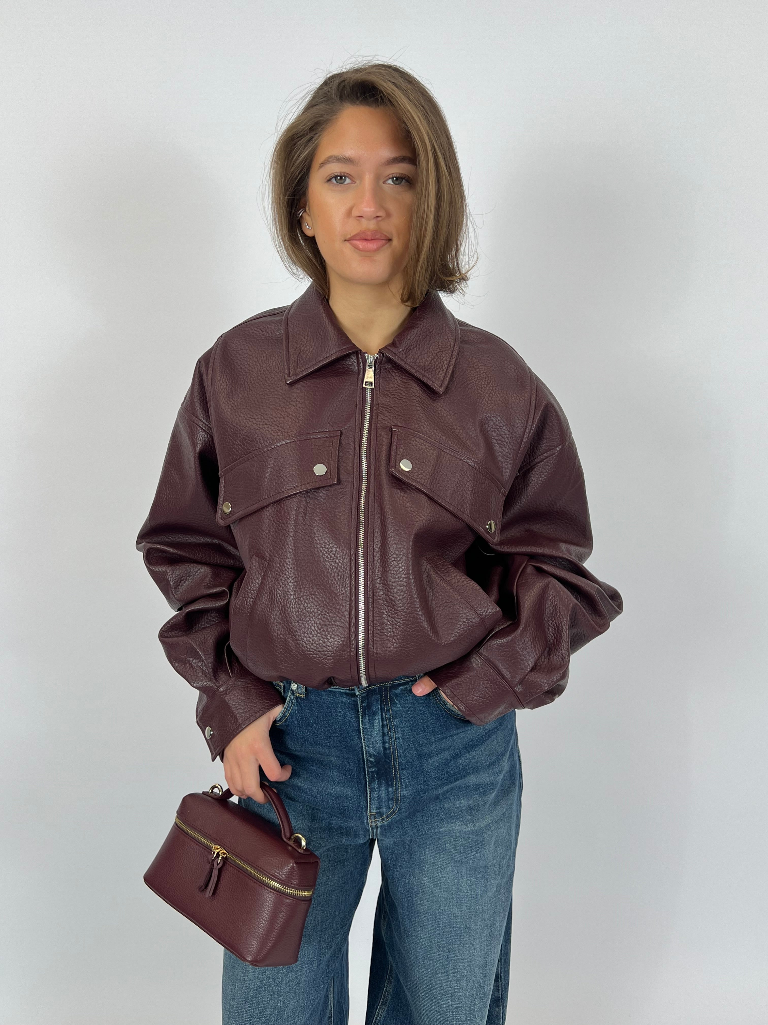 PUFFY LEATHER BOMBER BORDEAUX