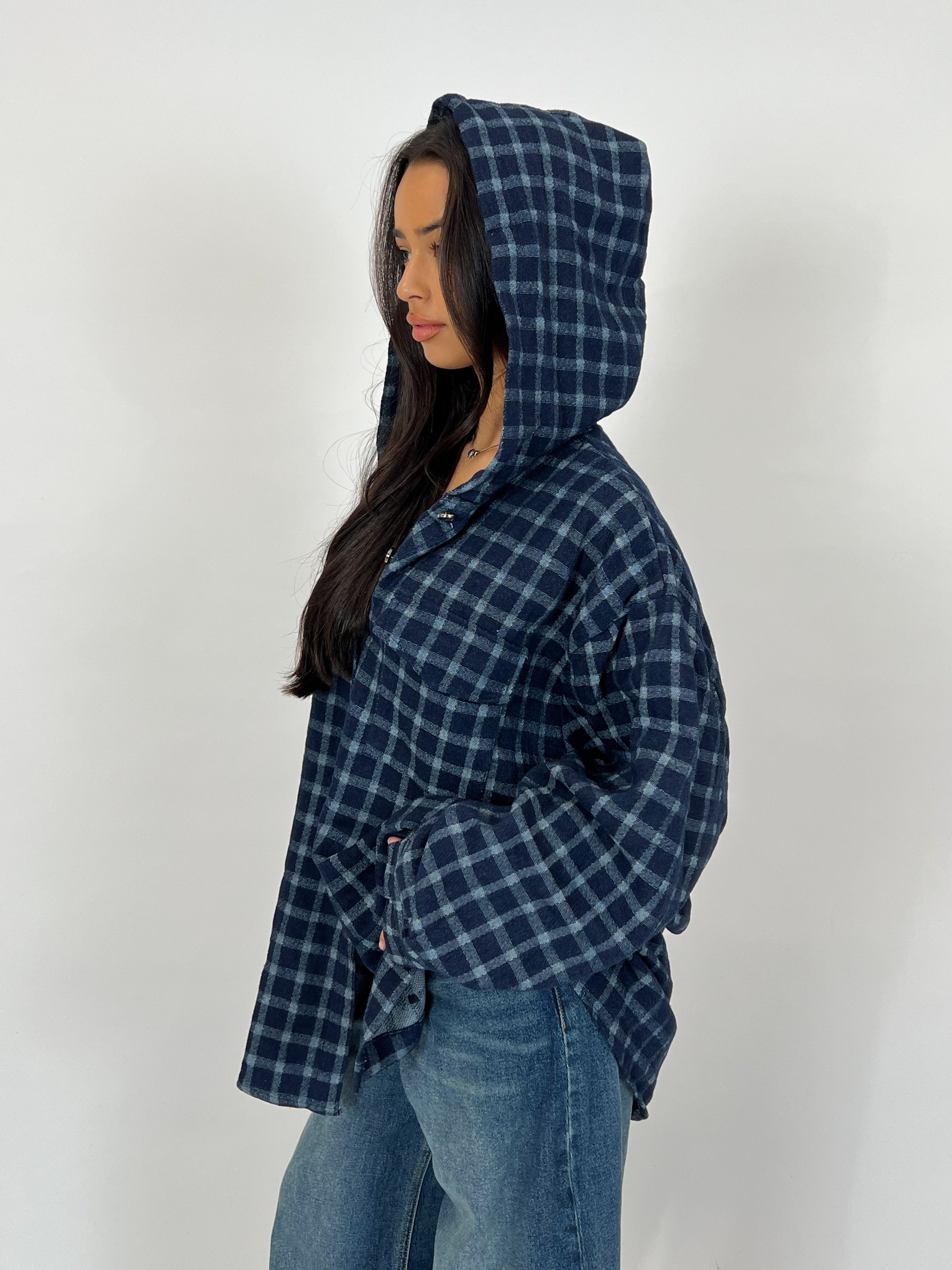 HOODED CHECK JACKET NAVY