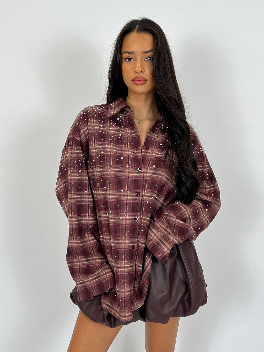 RHINESTONES CHECK SHIRT BORDEAUX