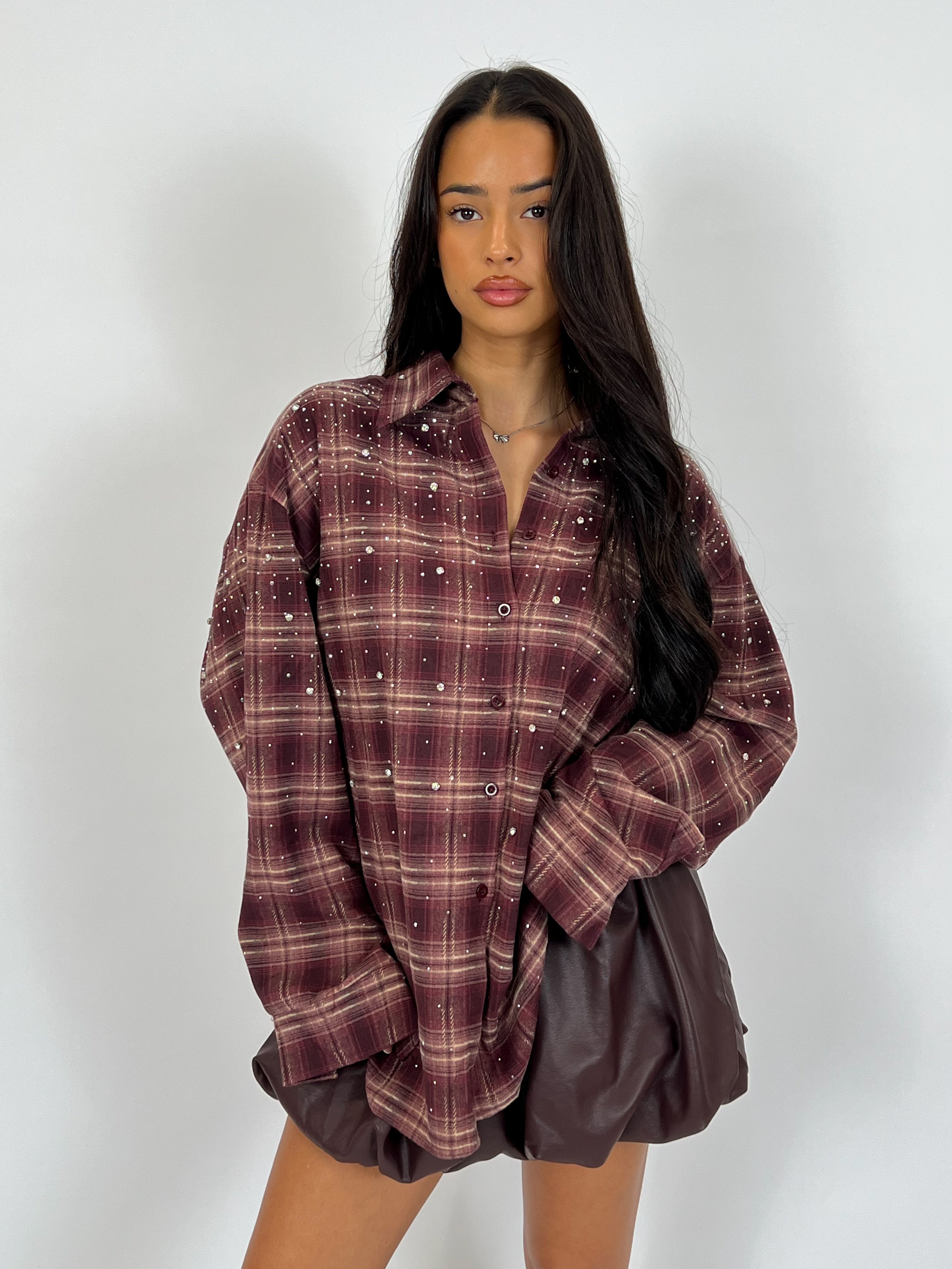 RHINESTONES CHECK SHIRT BORDEAUX