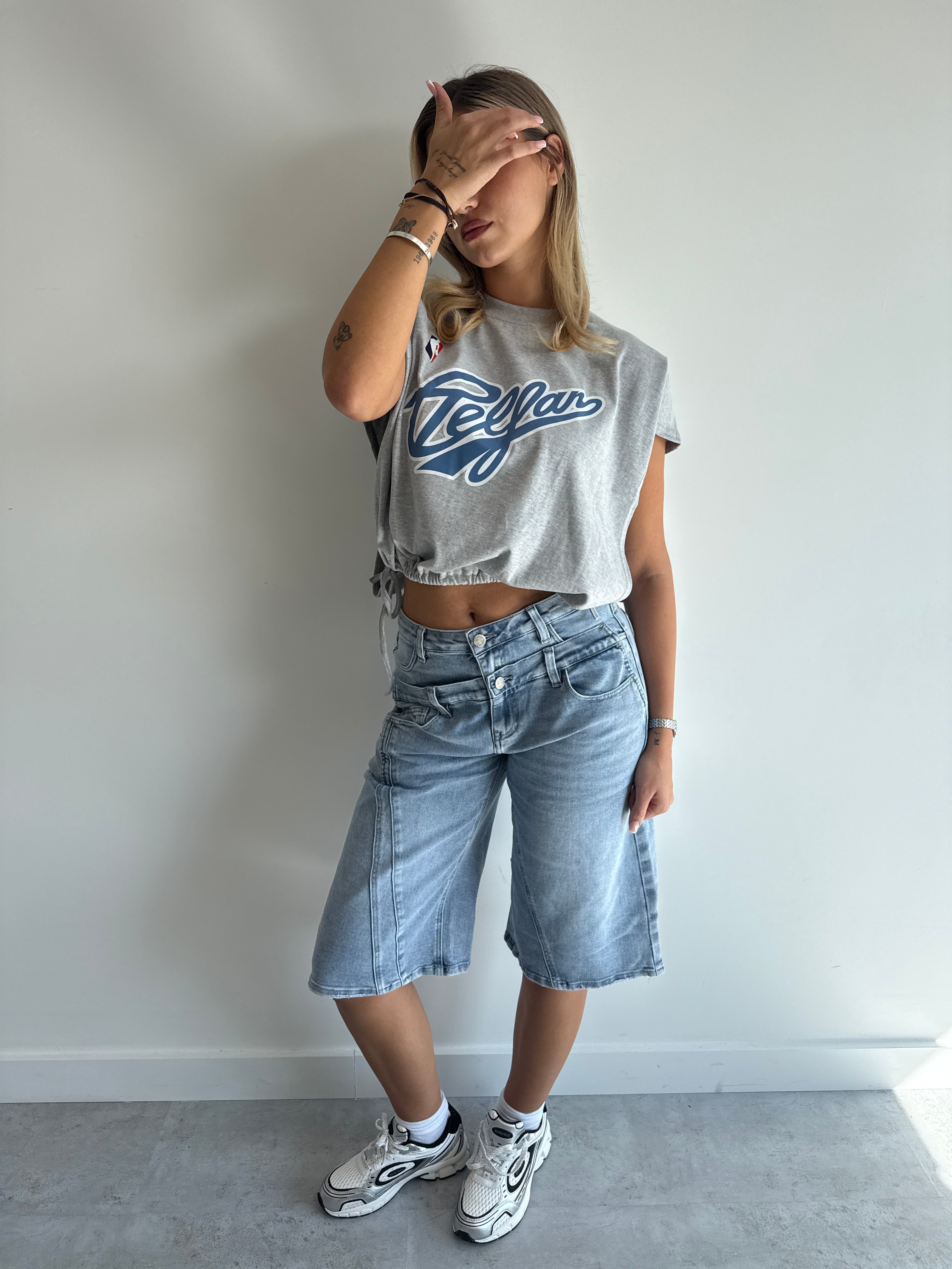 DOUBLE WAIST STRETCH JORT BLUE