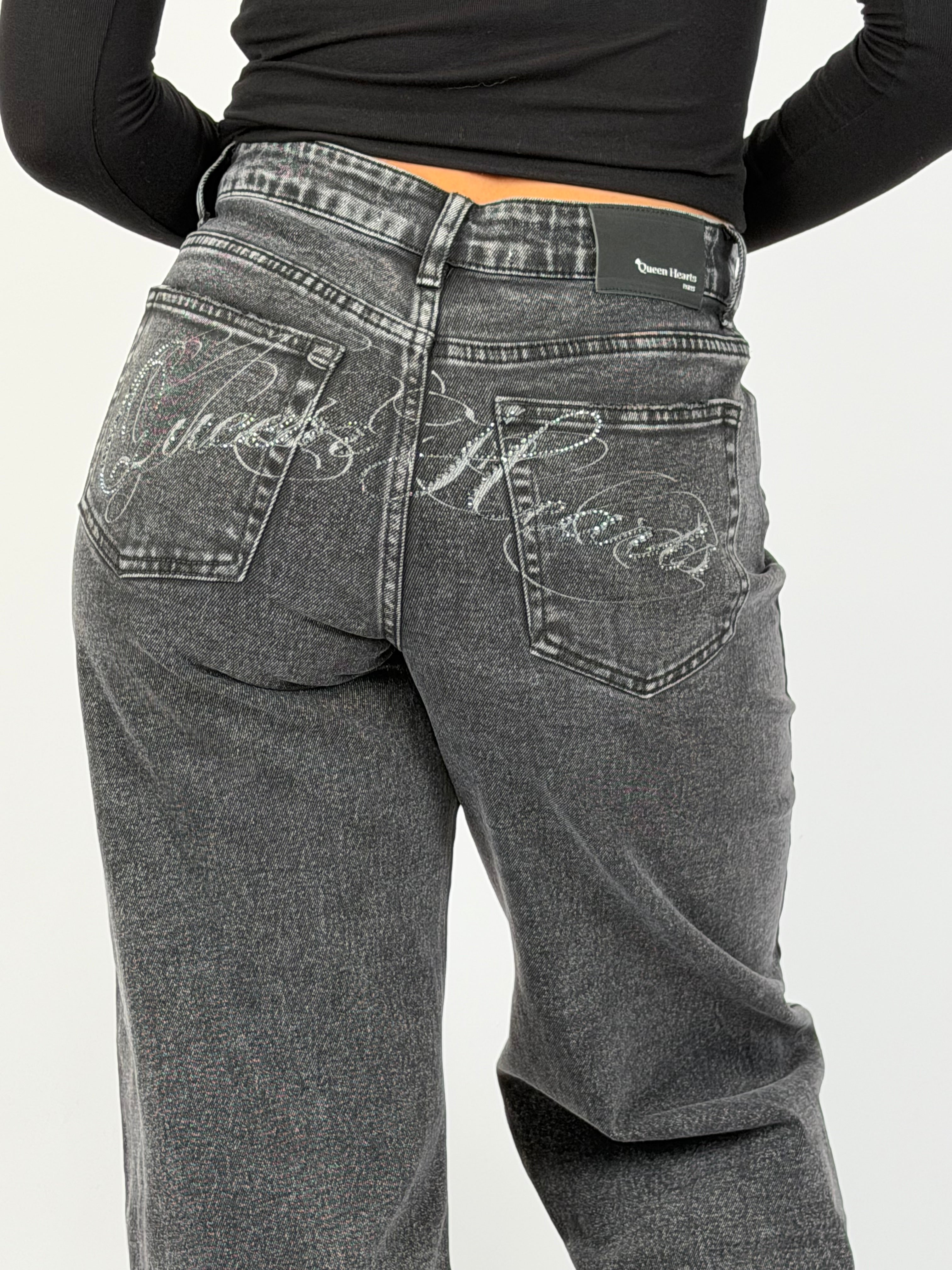 RHINESTONE BUM STRETCH WIDE LEG BLACK