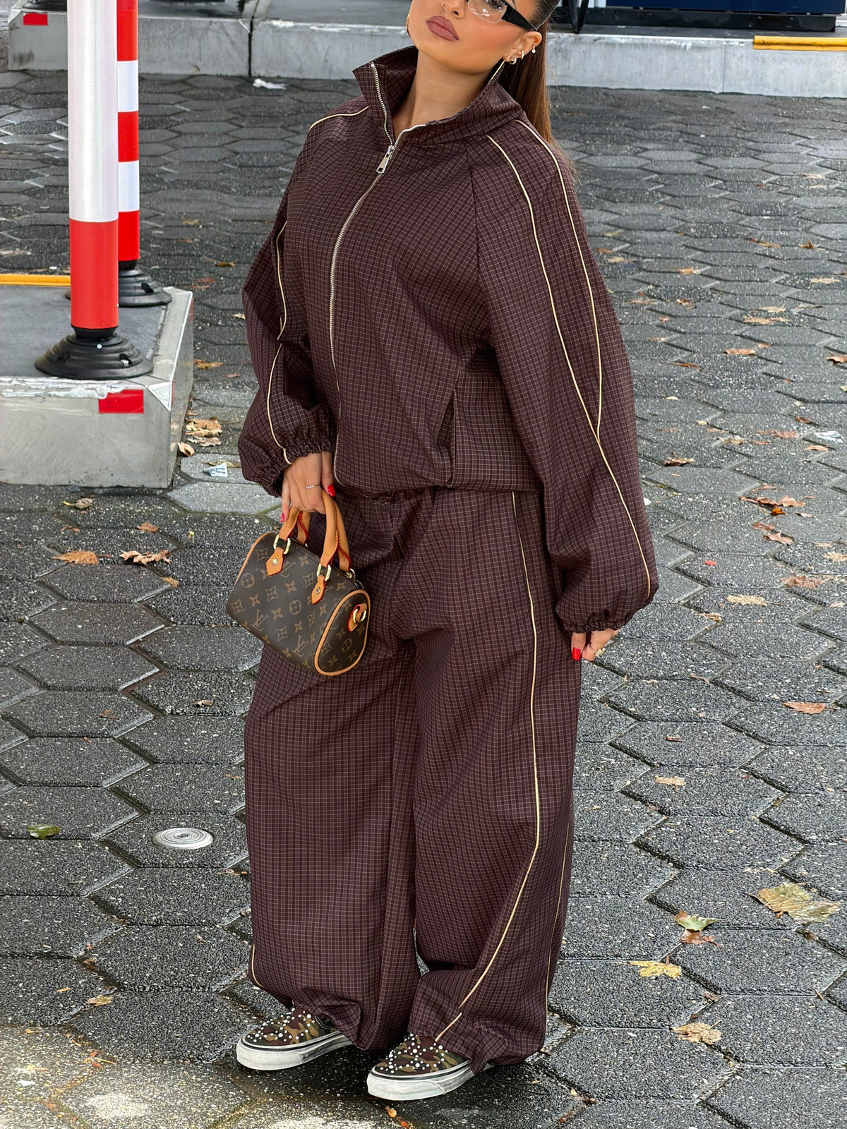 PREMIUM CHECKERED WINDBREAKER SUIT BROWN