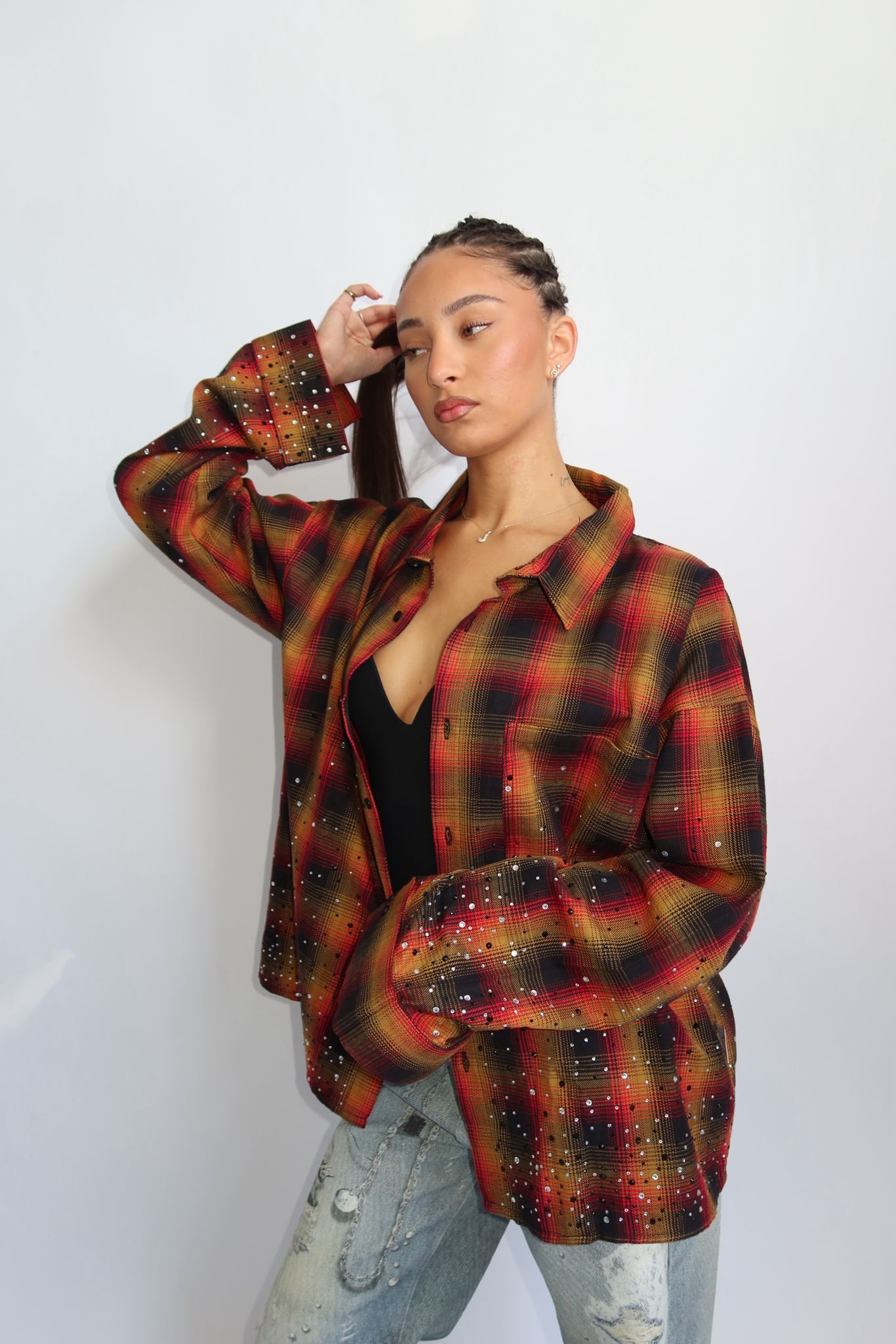 EXCLUSIVE CHECKED RHINESTONES SHIRT