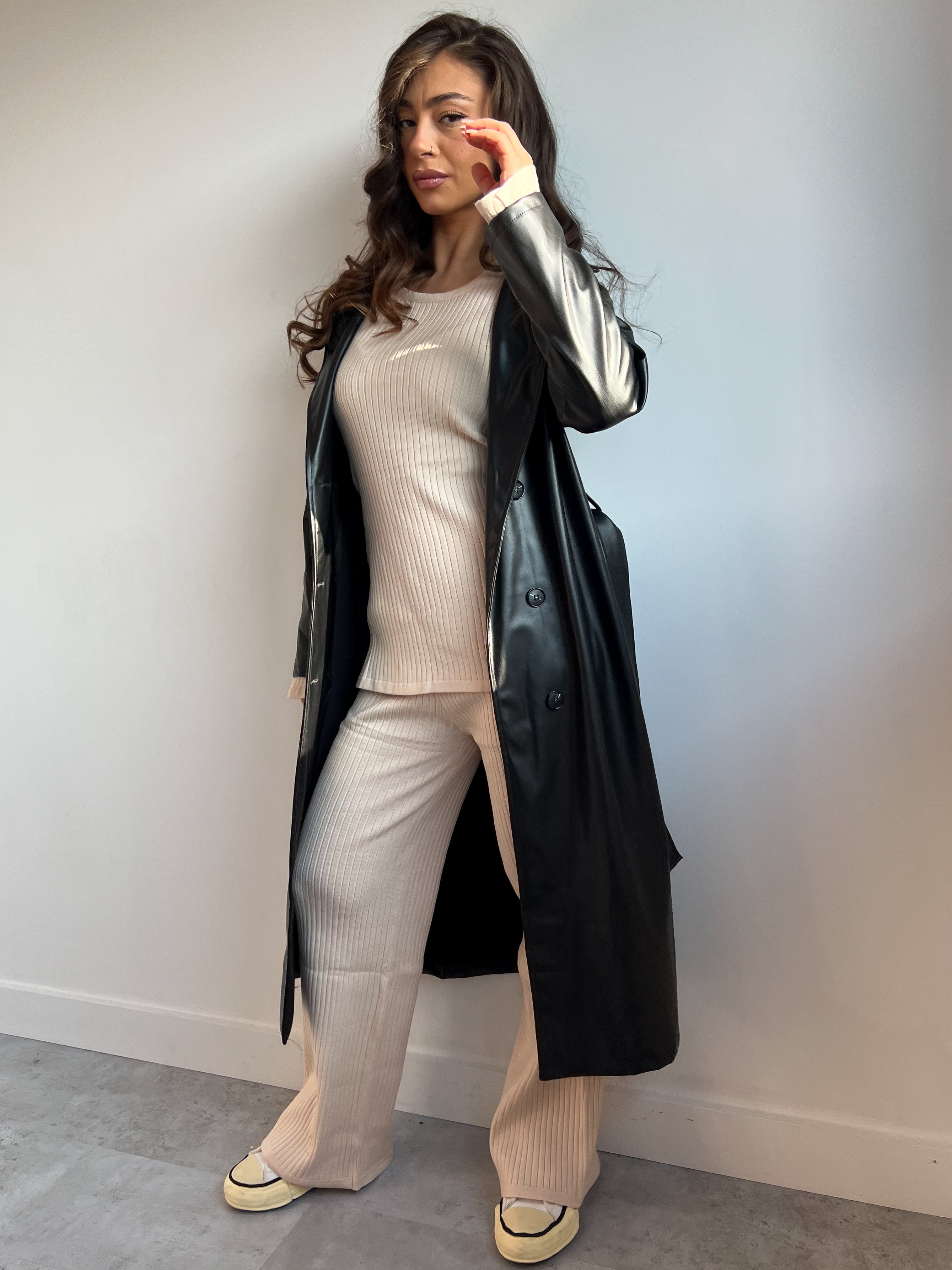 LEATHER LOOK TRENCH BLACK