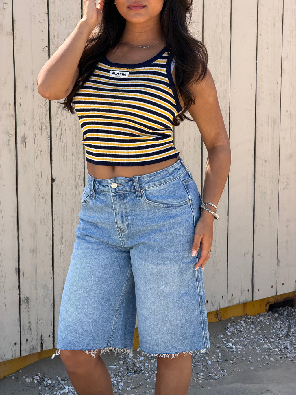 MIMI CROCHET TANK NAVY/YELLOW