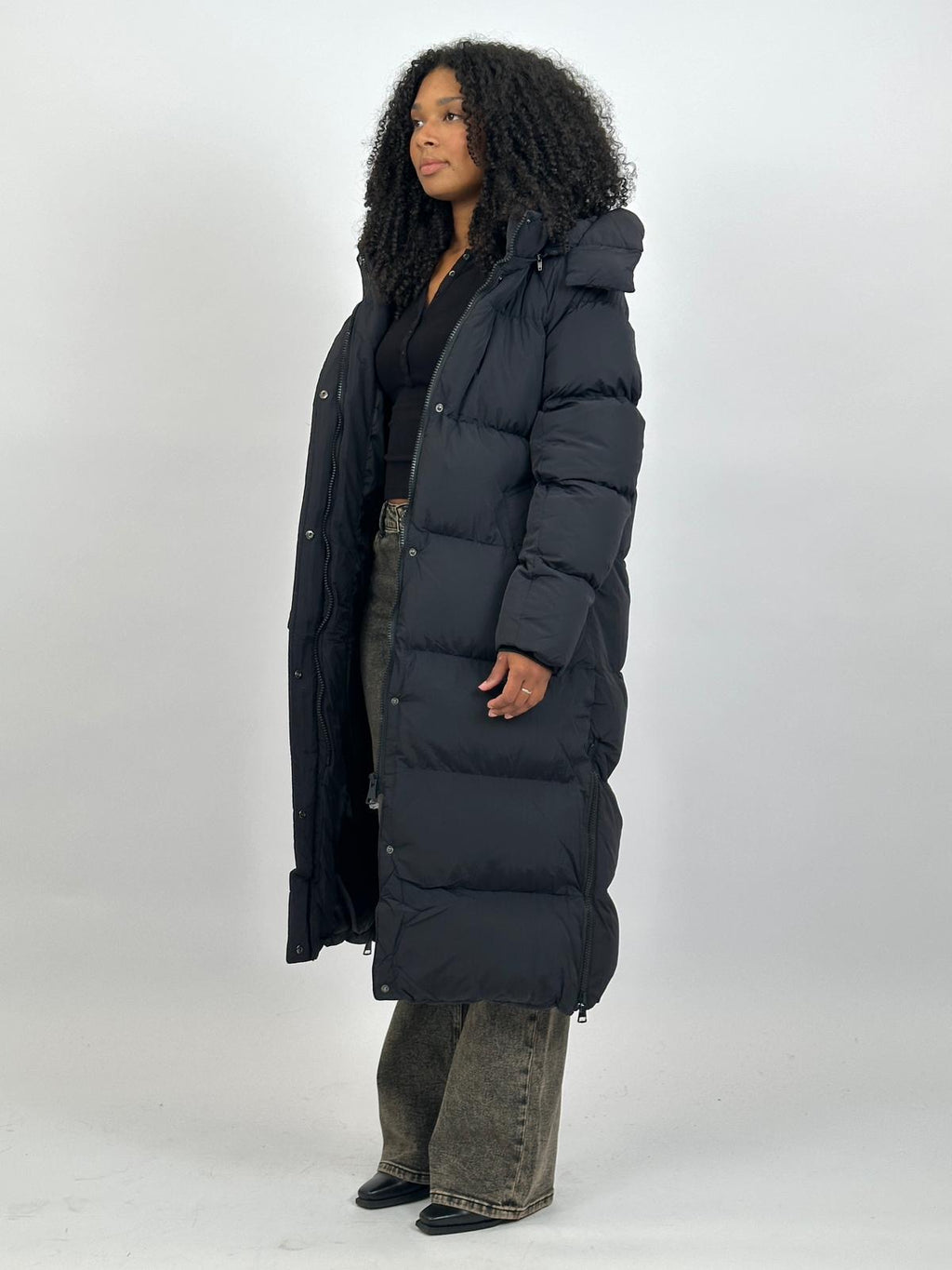 LONG ZIPPER PUFFER COAT BLACK 7580 PRE ORDER