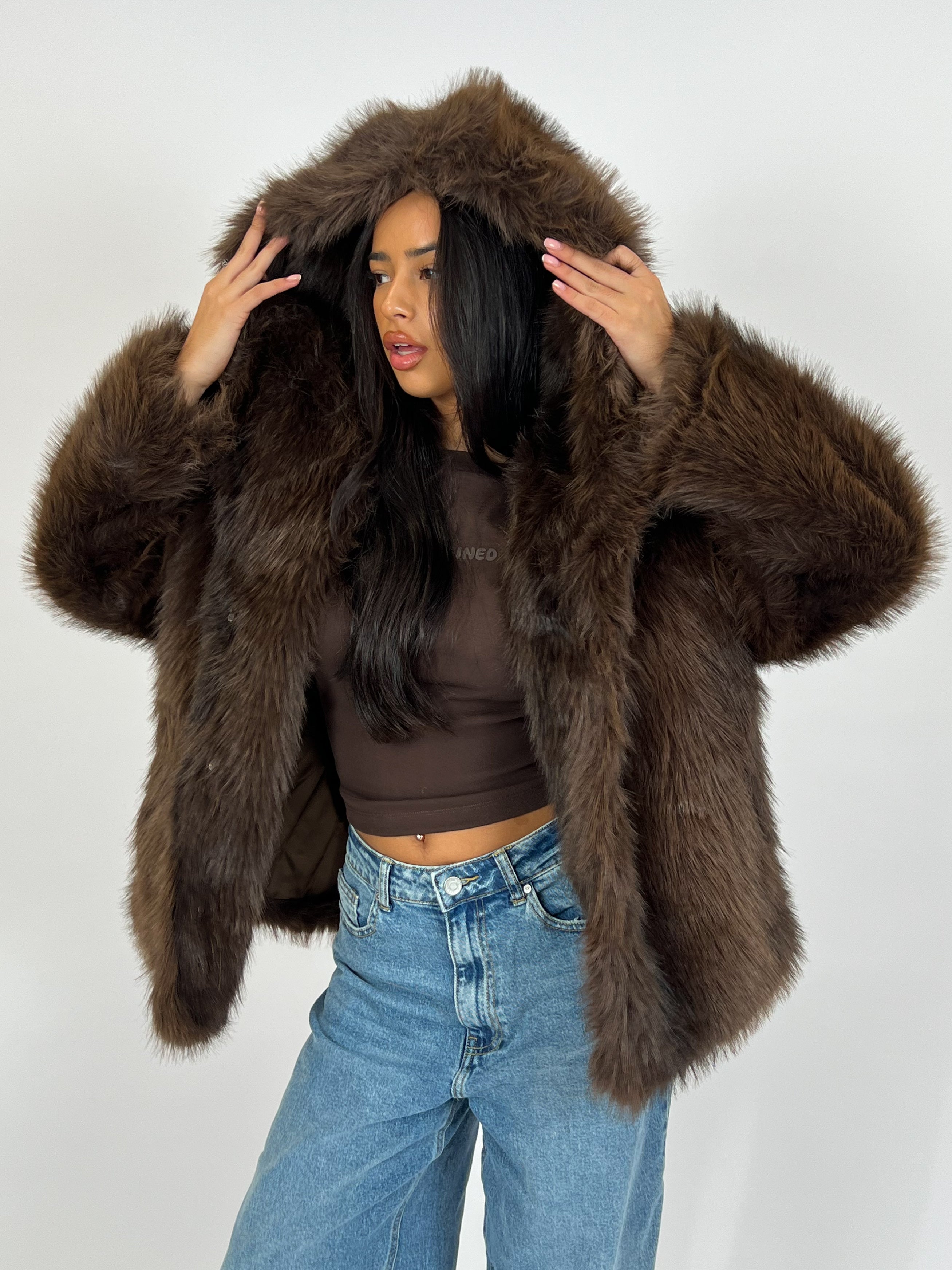 BIG COLLAR FAUX FUR COAT DARK BROWN