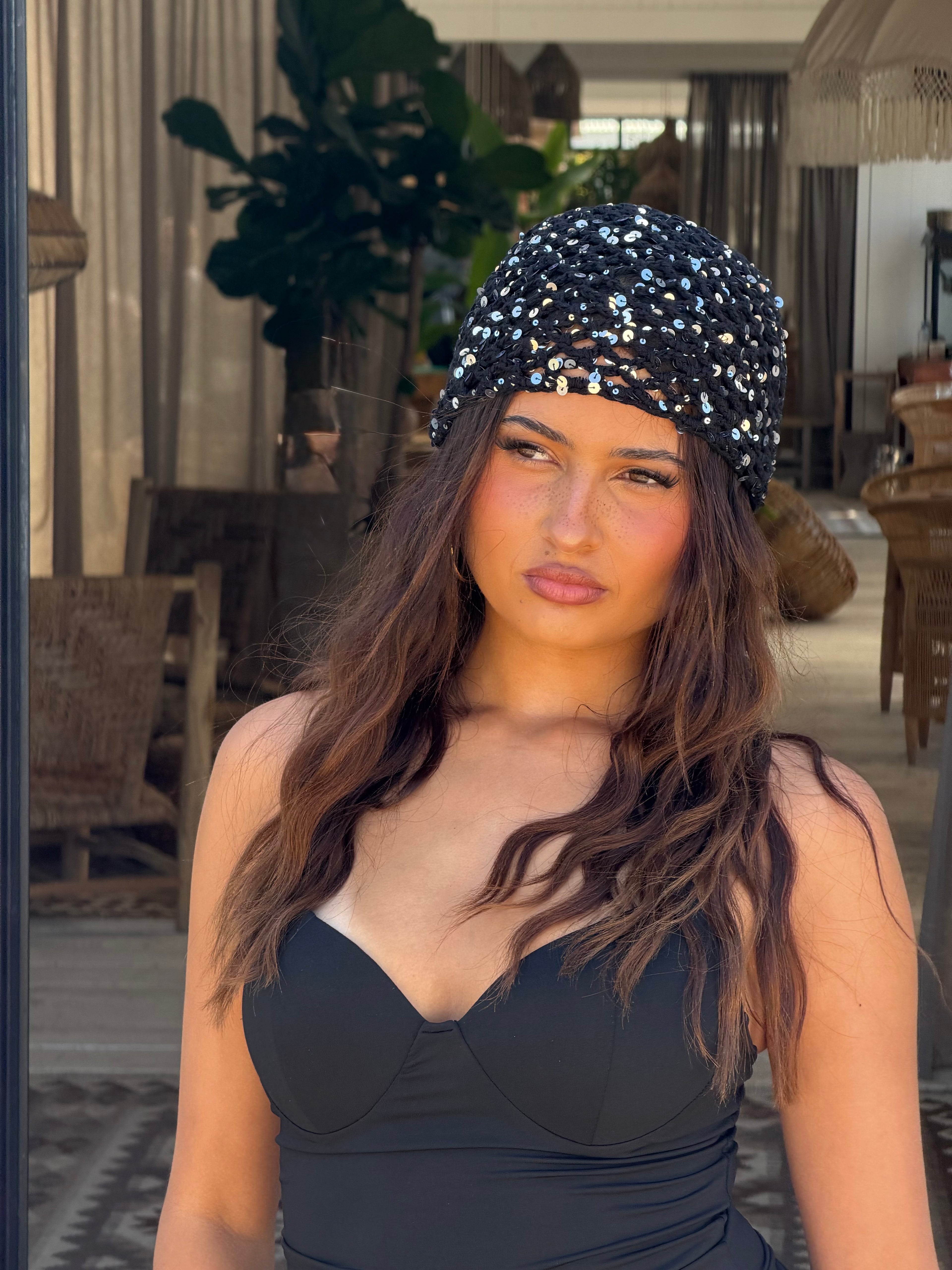 CROCHET EMBELLISHED HAT BLACK