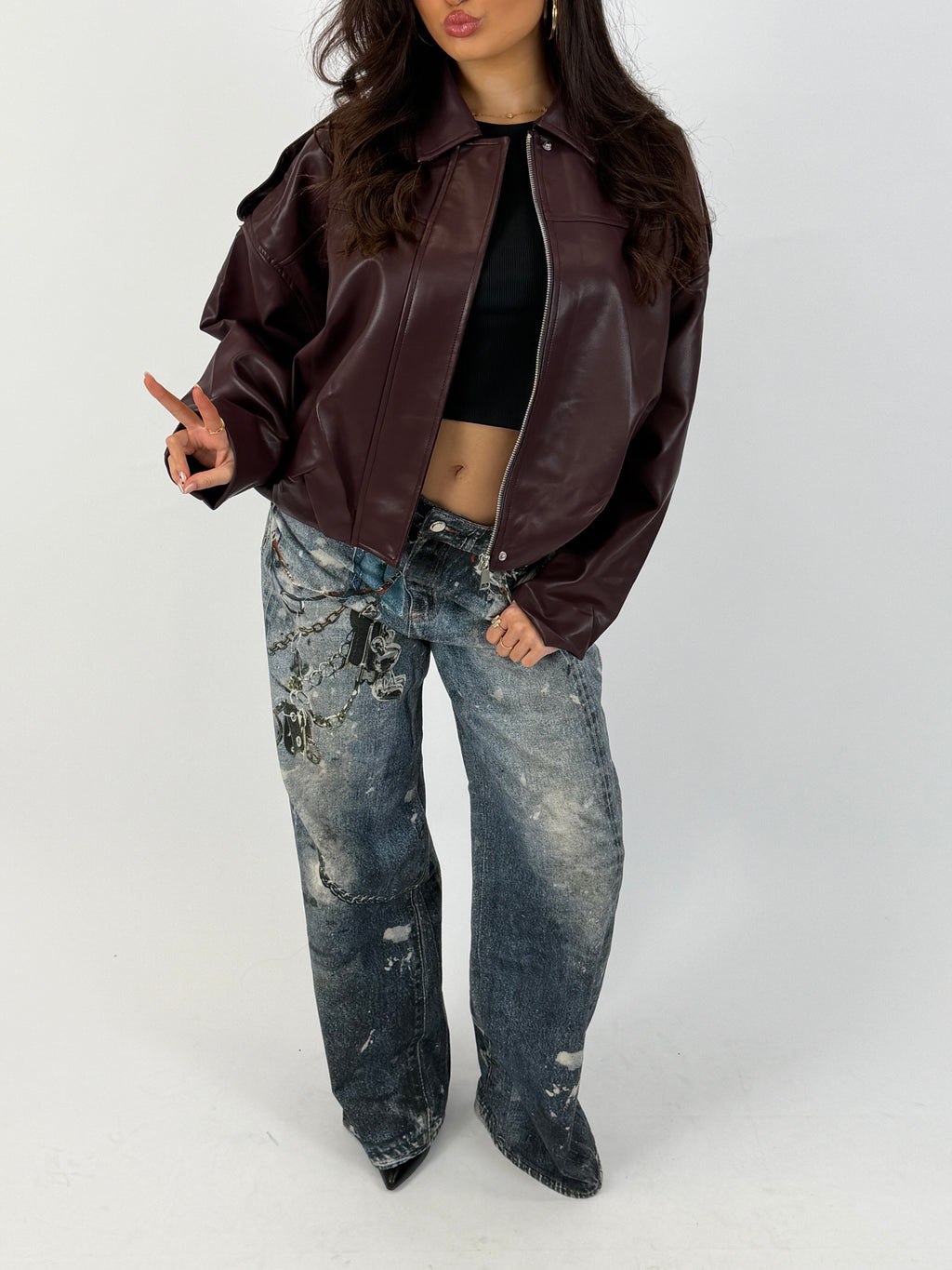 PUFFY LEATHER BOMBER BORDEAUX
