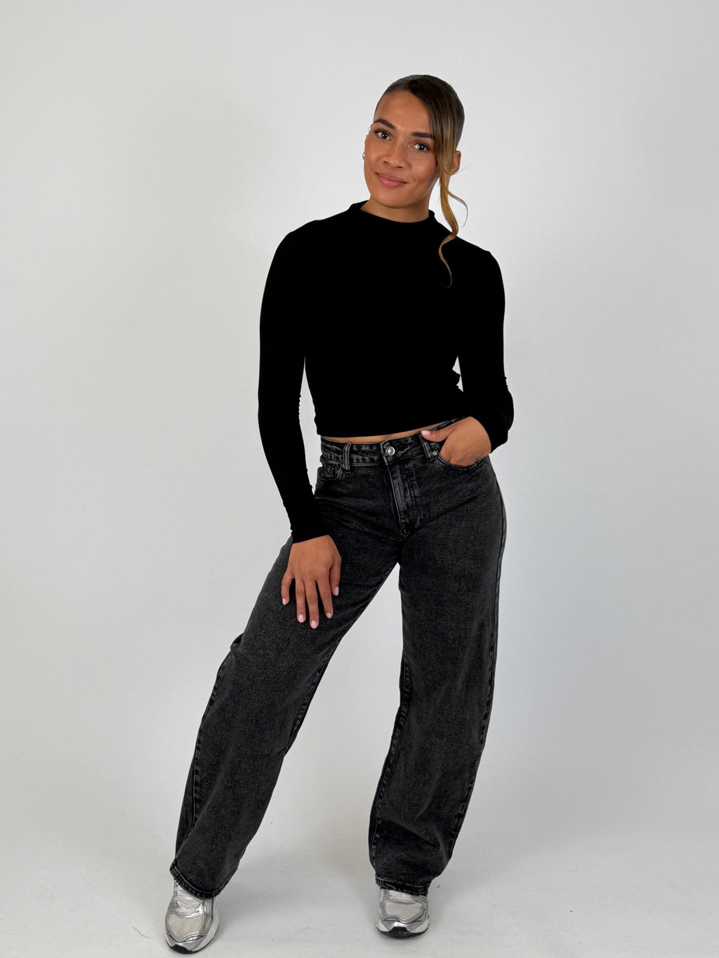 RHINESTONE BUM STRETCH WIDE LEG BLACK