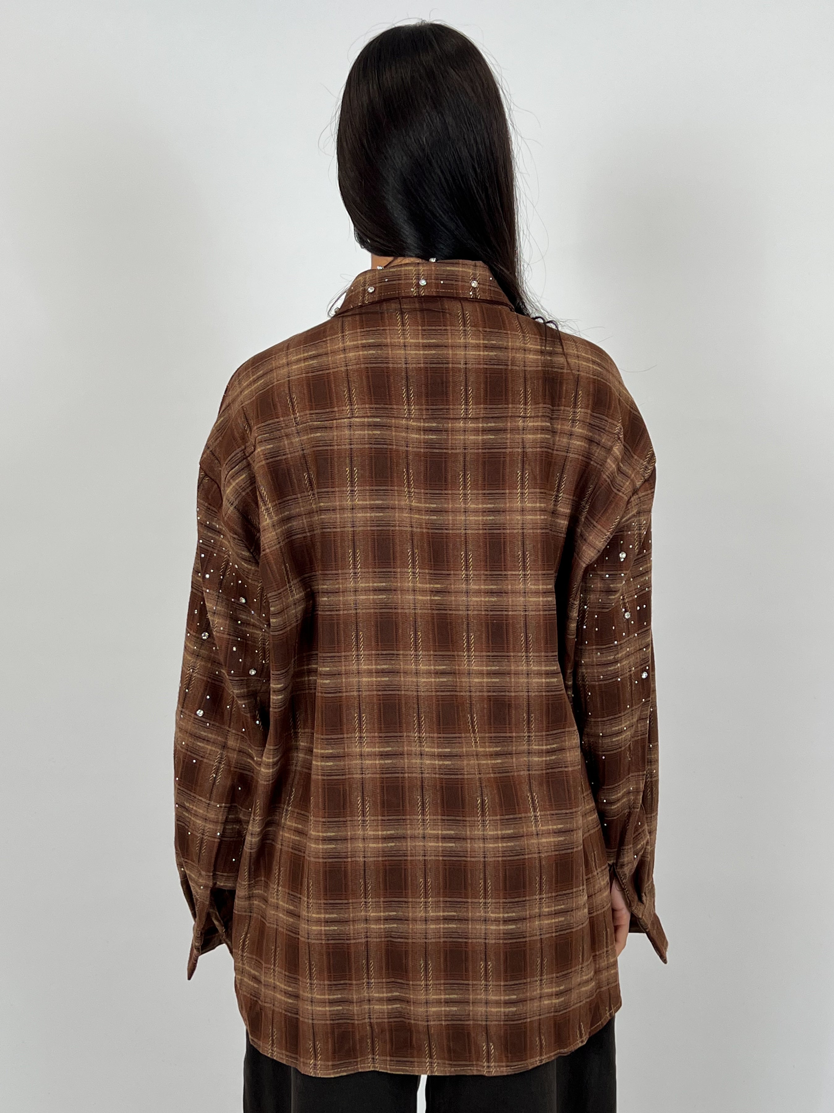RHINESTONES CHECK SHIRT BROWN