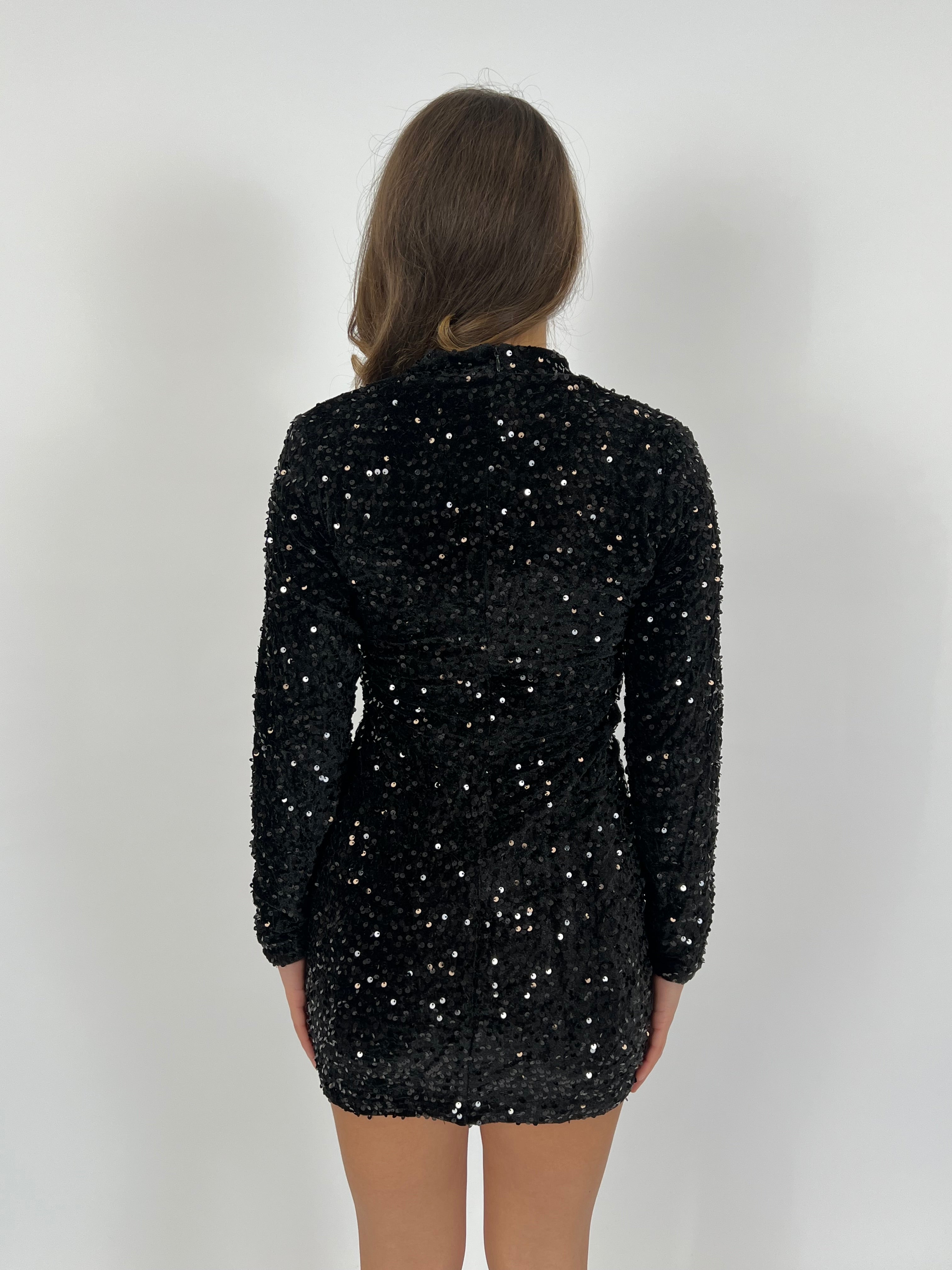 HIGH NECK VELVET SPARKLE DRESS BLACK