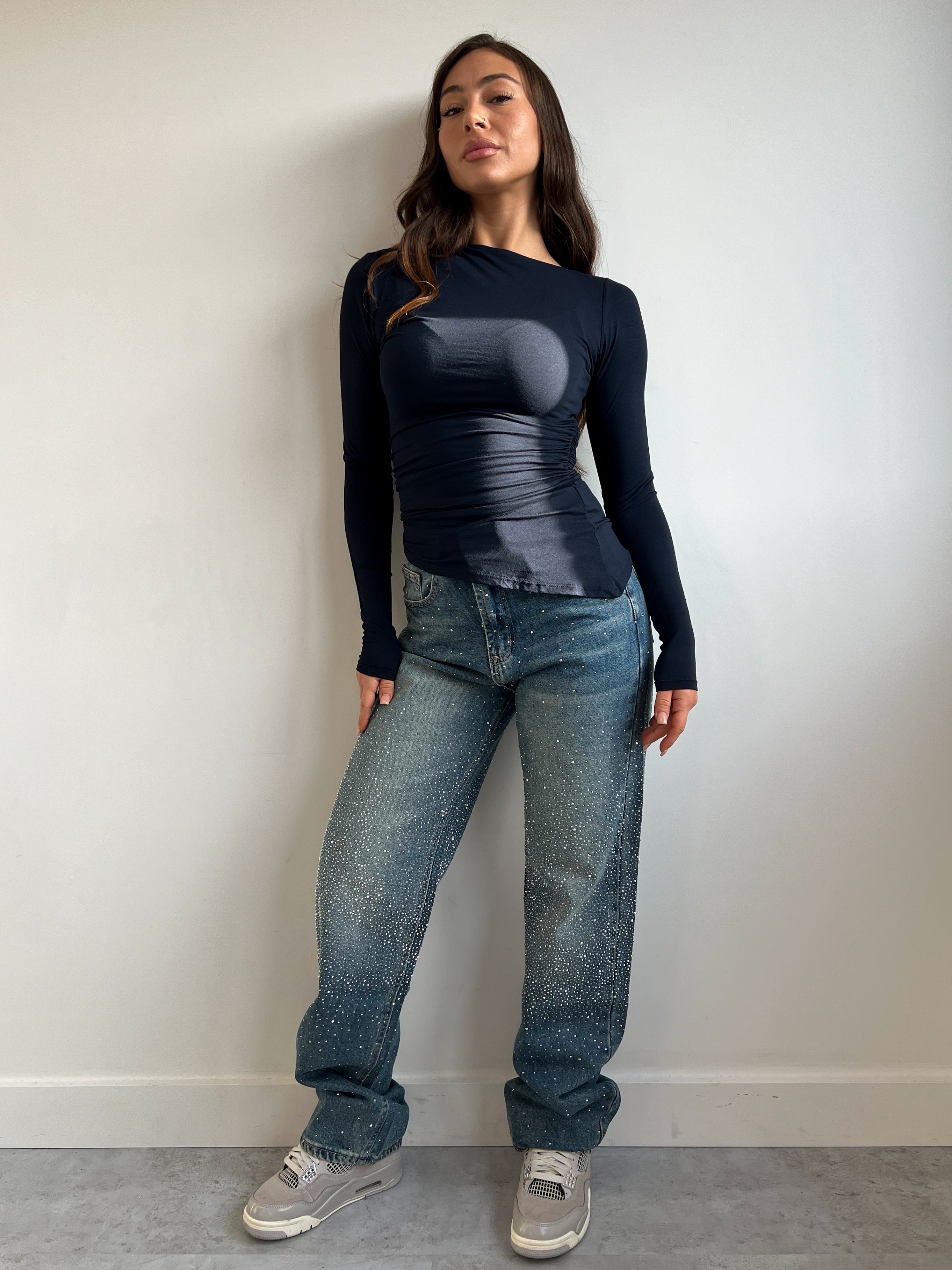 STRAIGHT LEG BLUE RHINESTONE JEANS