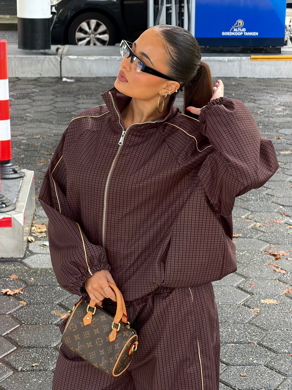 PREMIUM CHECKERED WINDBREAKER SUIT BROWN