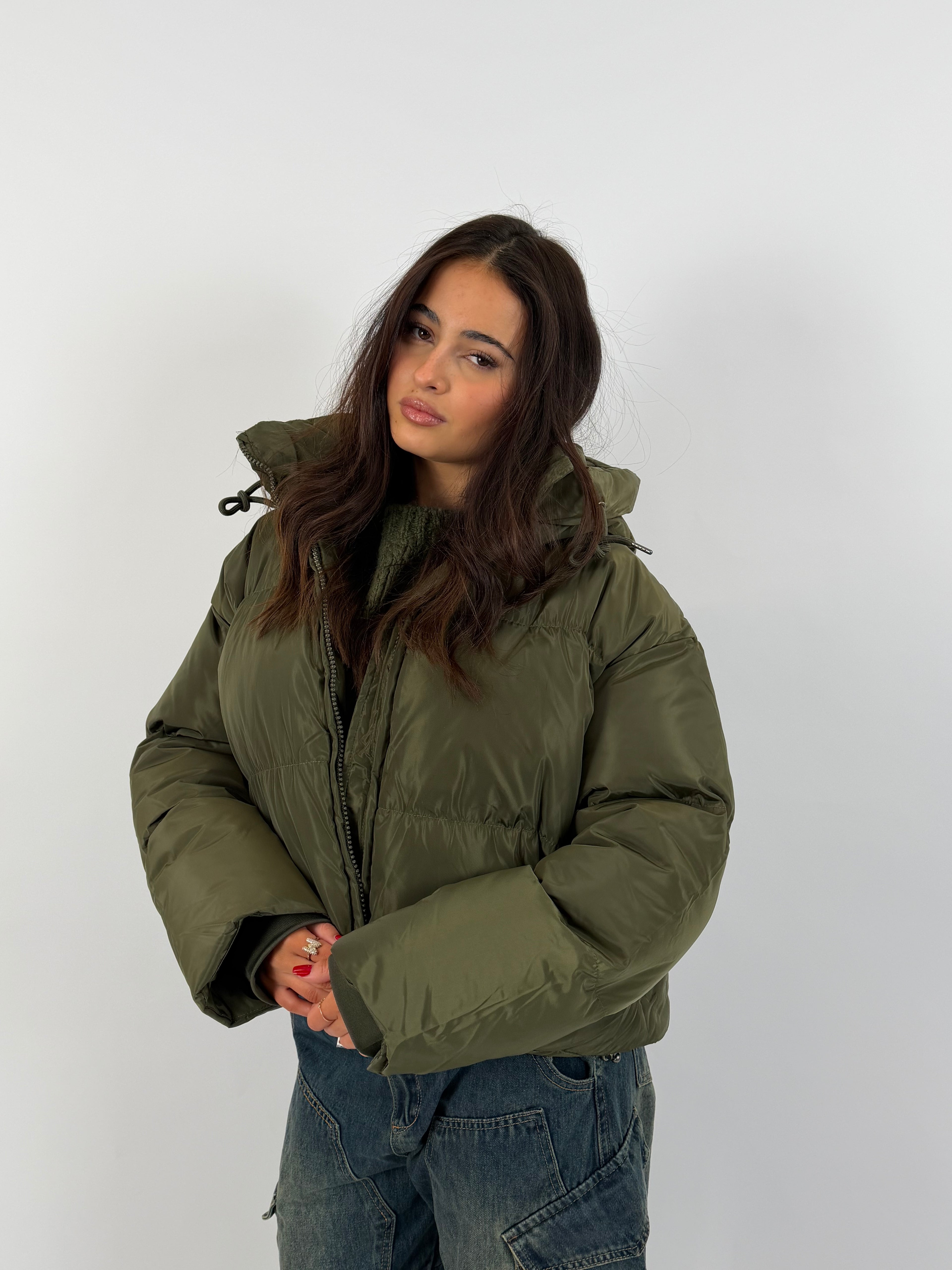 CROPPED TIE UP PUFFER ARMY