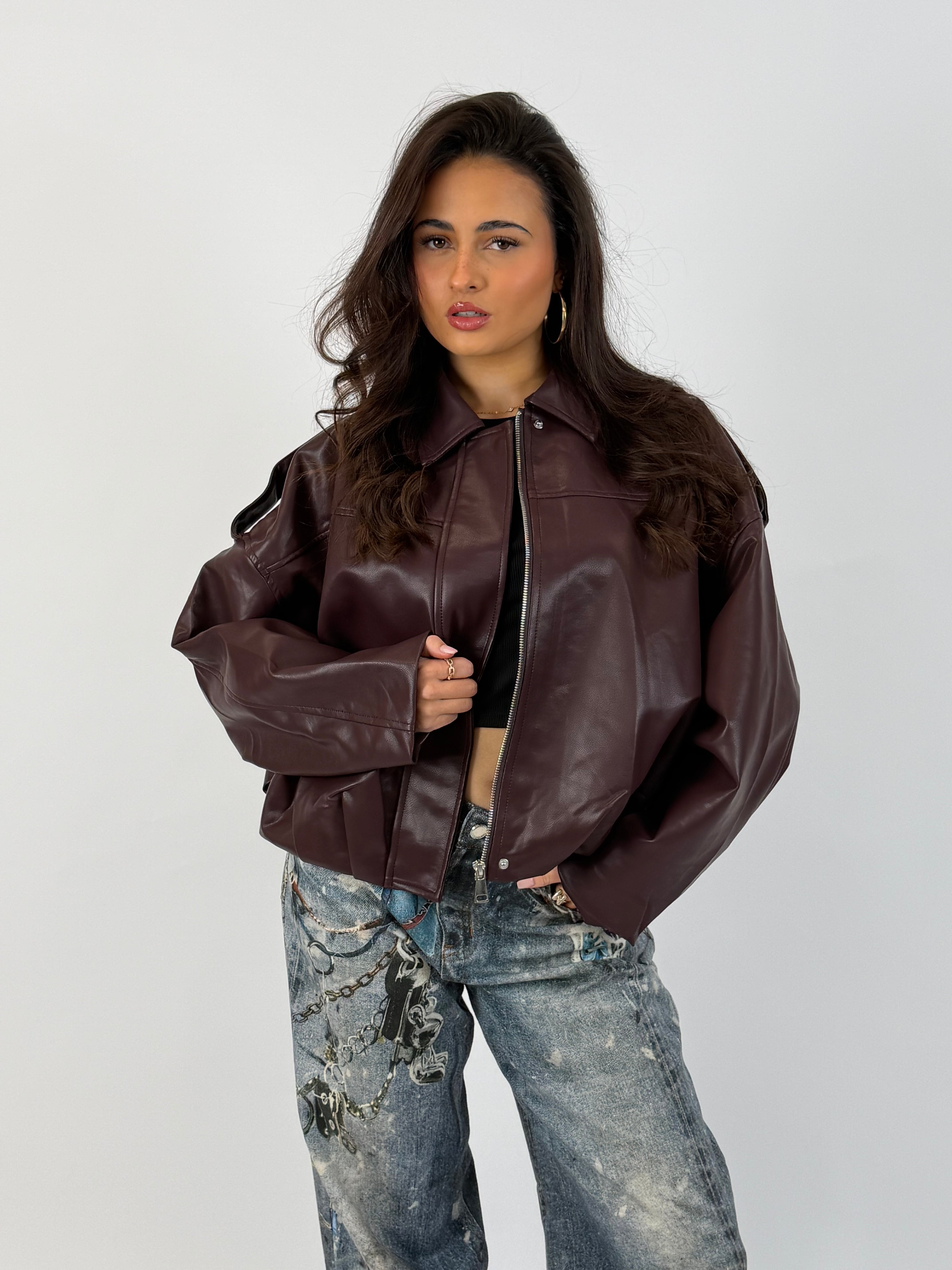 PUFFY LEATHER BOMBER BORDEAUX
