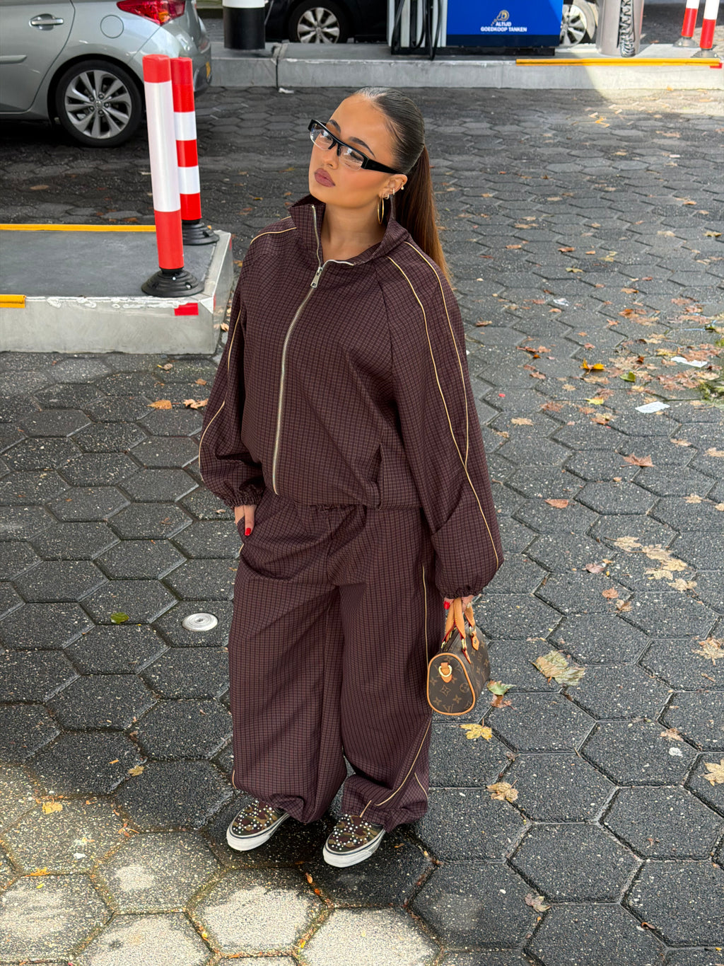 PREMIUM CHECKERED WINDBREAKER SUIT BROWN