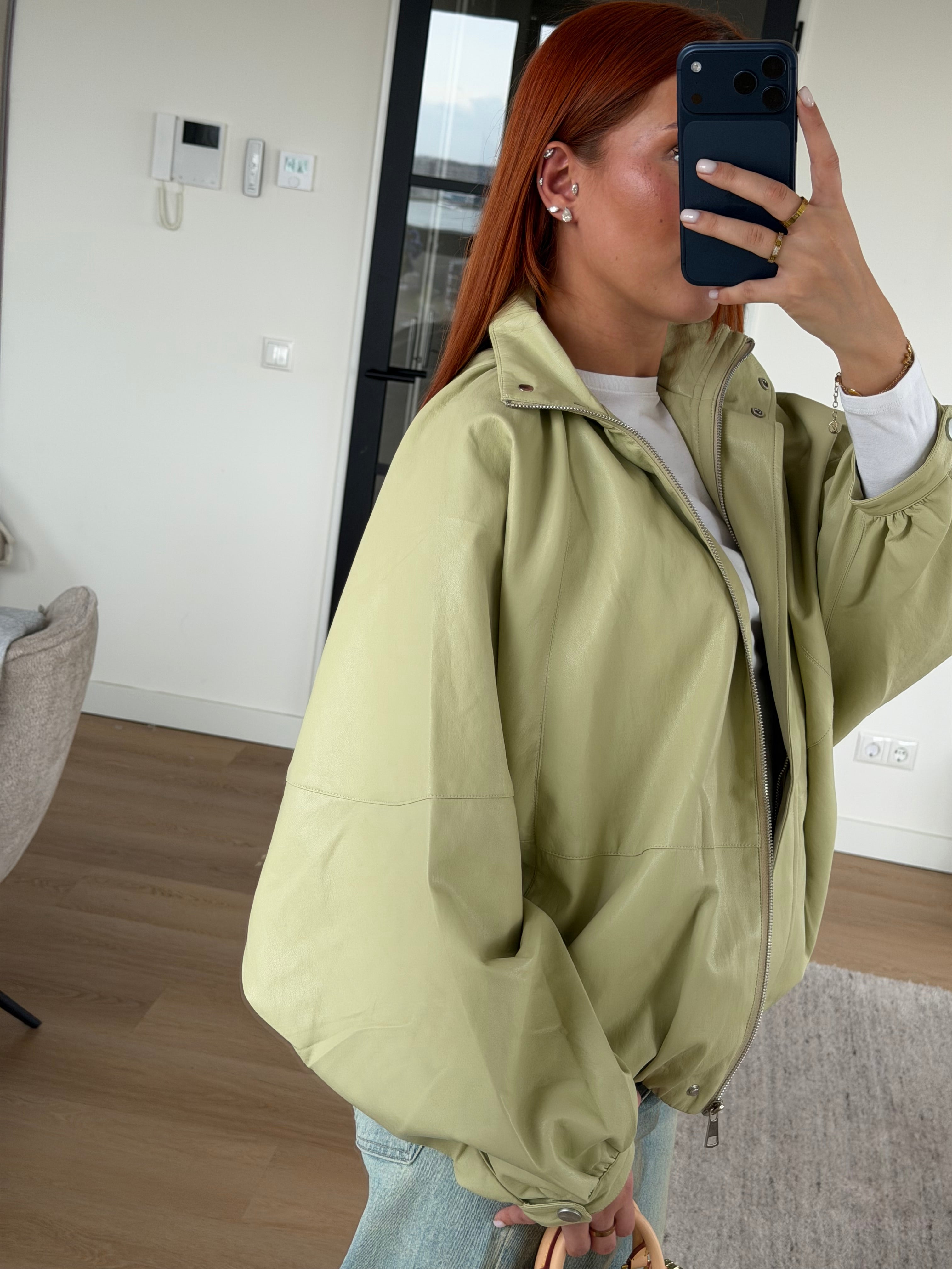 PUFFY LEATHER BOMBER MATCHA