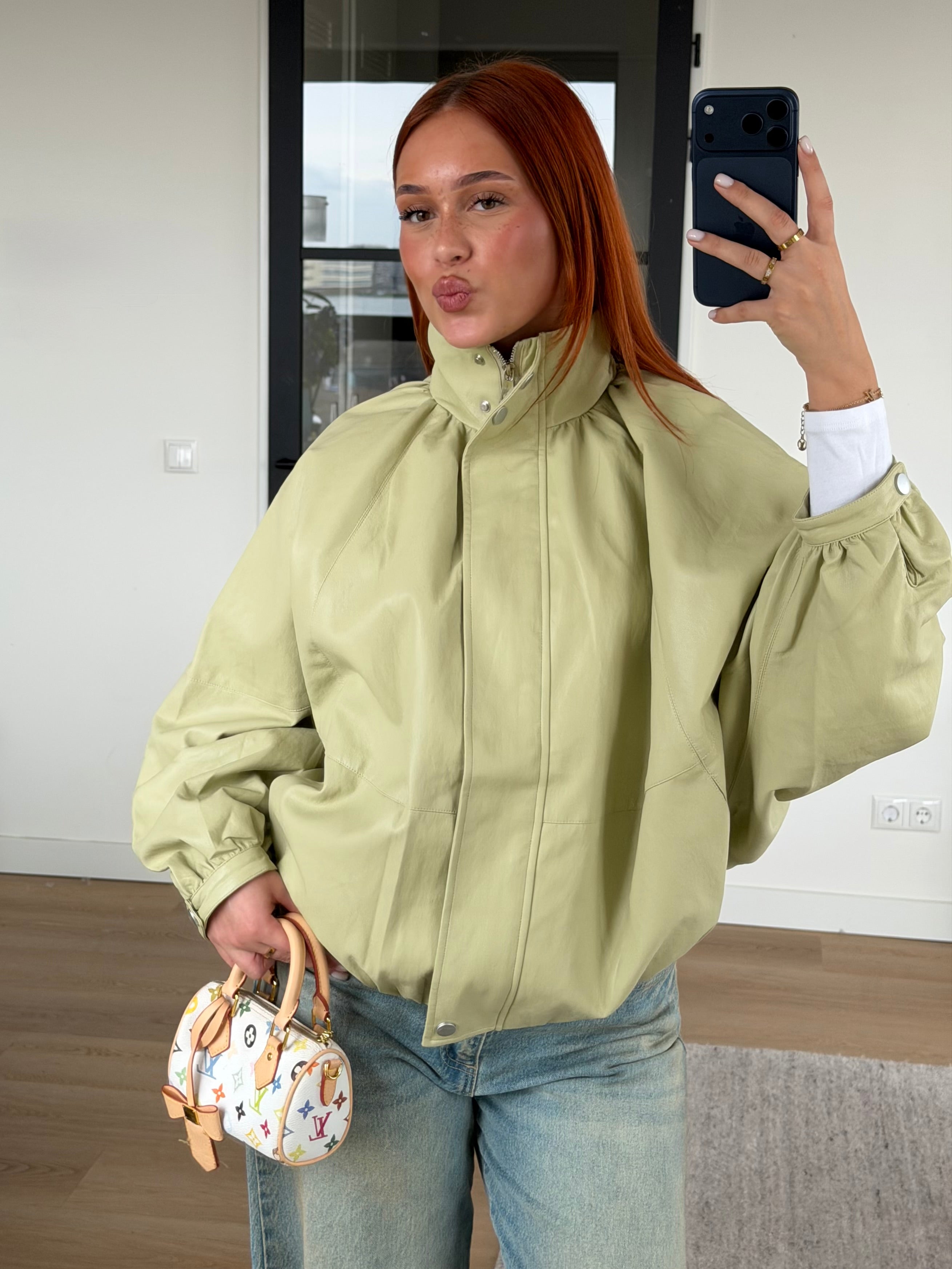 PUFFY LEATHER BOMBER MATCHA