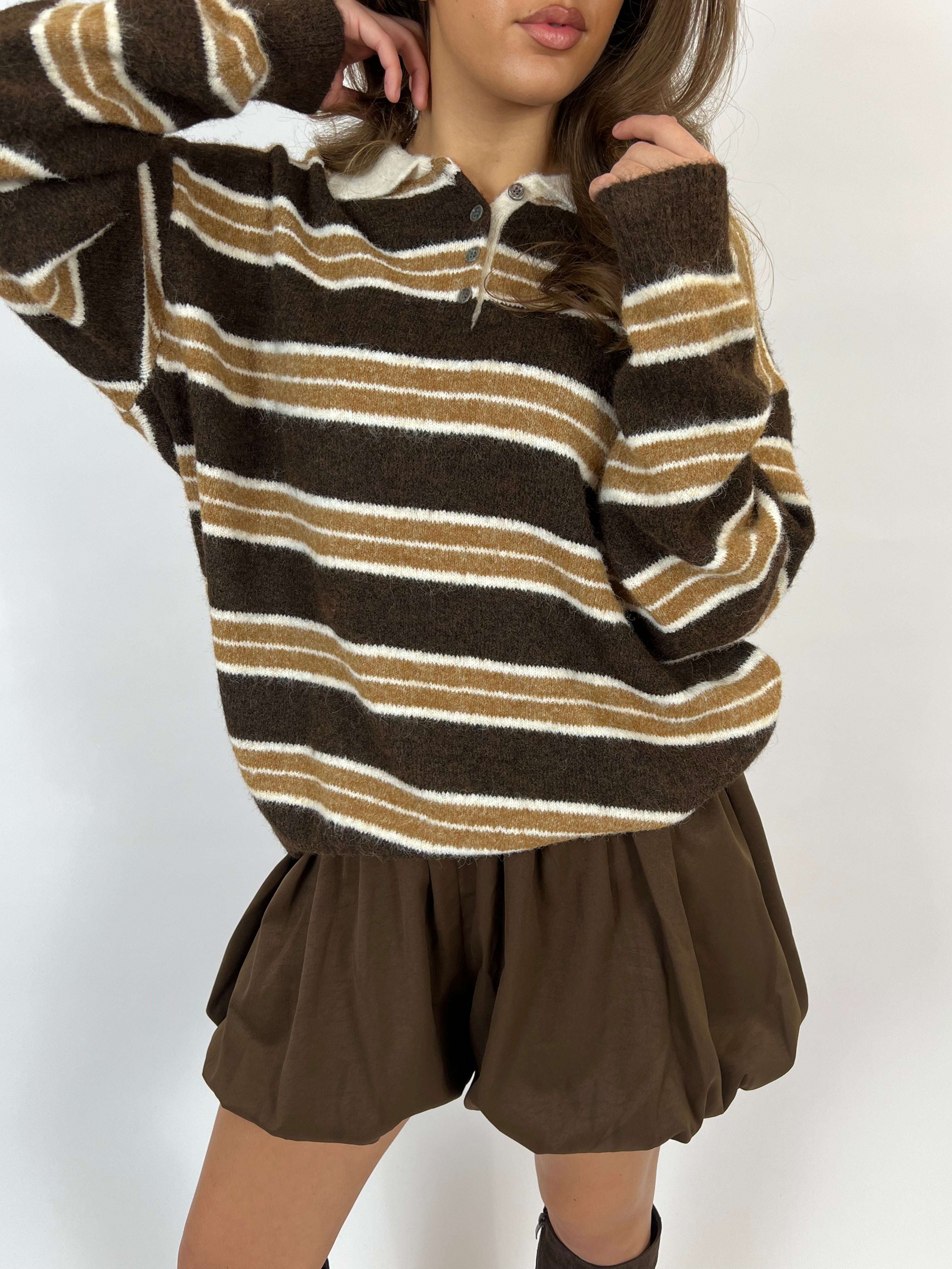 ULTRA SOFT STRIPED POLO KNIT CHOCO/BROWN