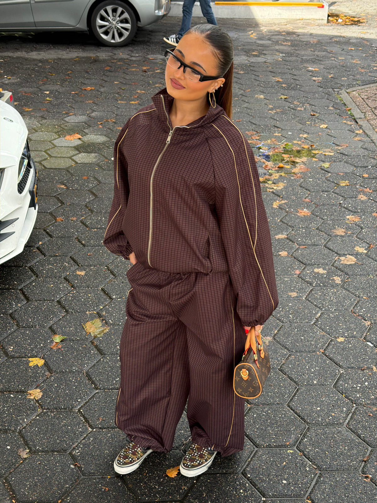 PREMIUM CHECKERED WINDBREAKER SUIT BROWN