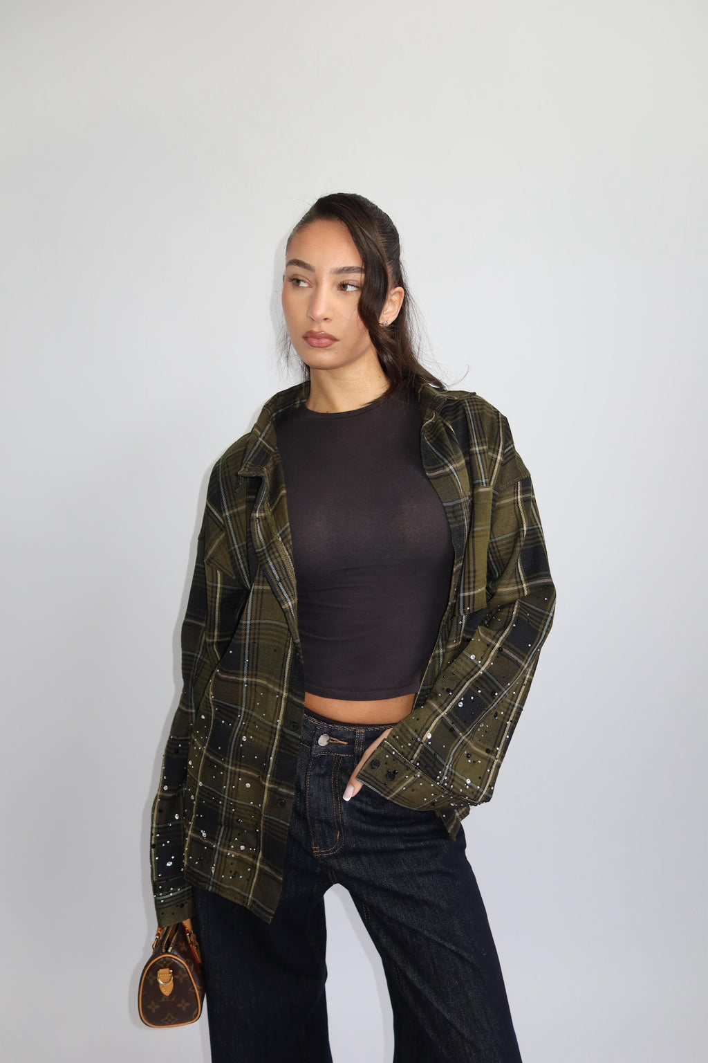 EXCLUSIVE CHECKED RHINESTONES SHIRT ARMY