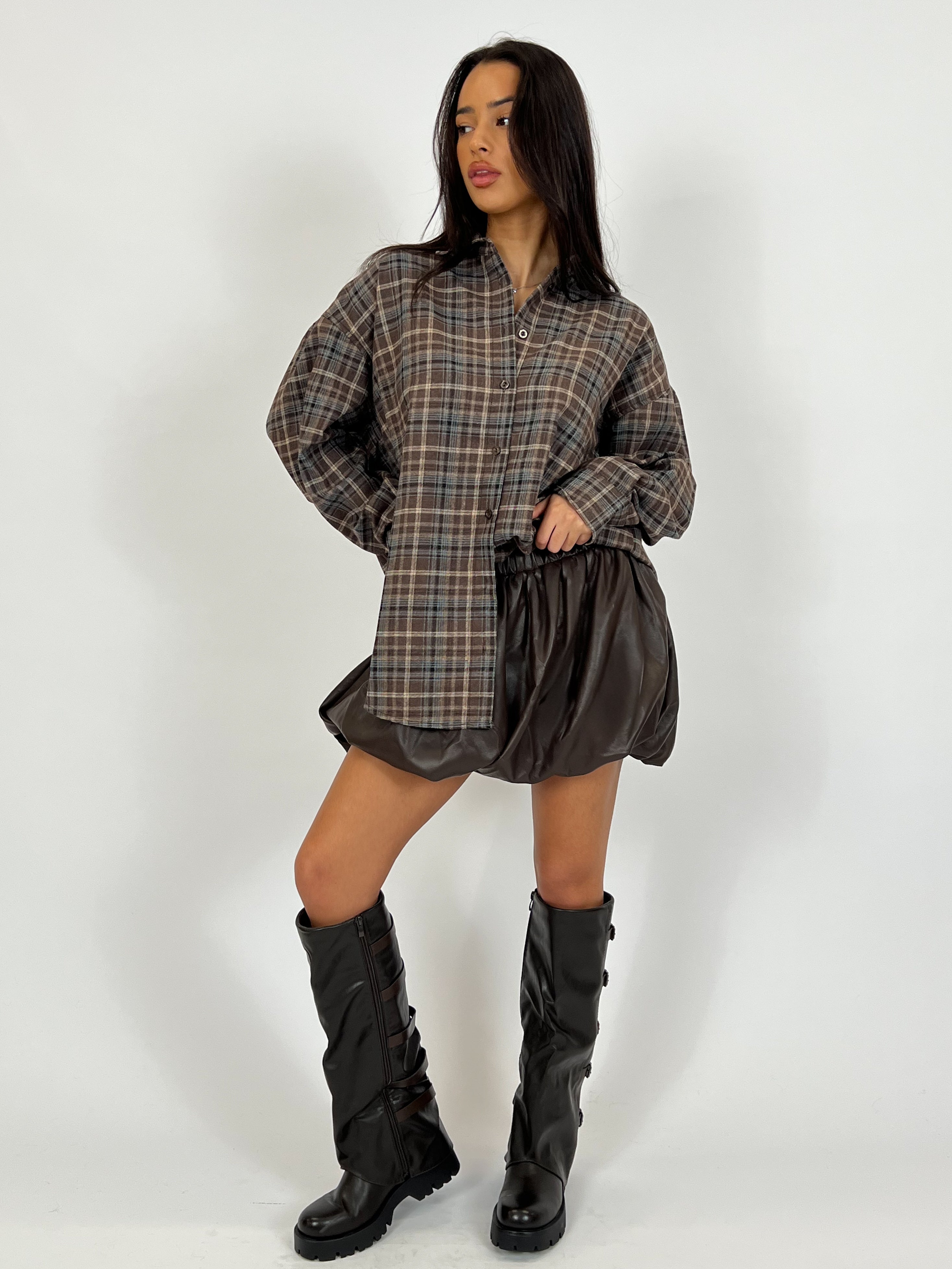 LEATHER PUFFY SKIRT CHOCO