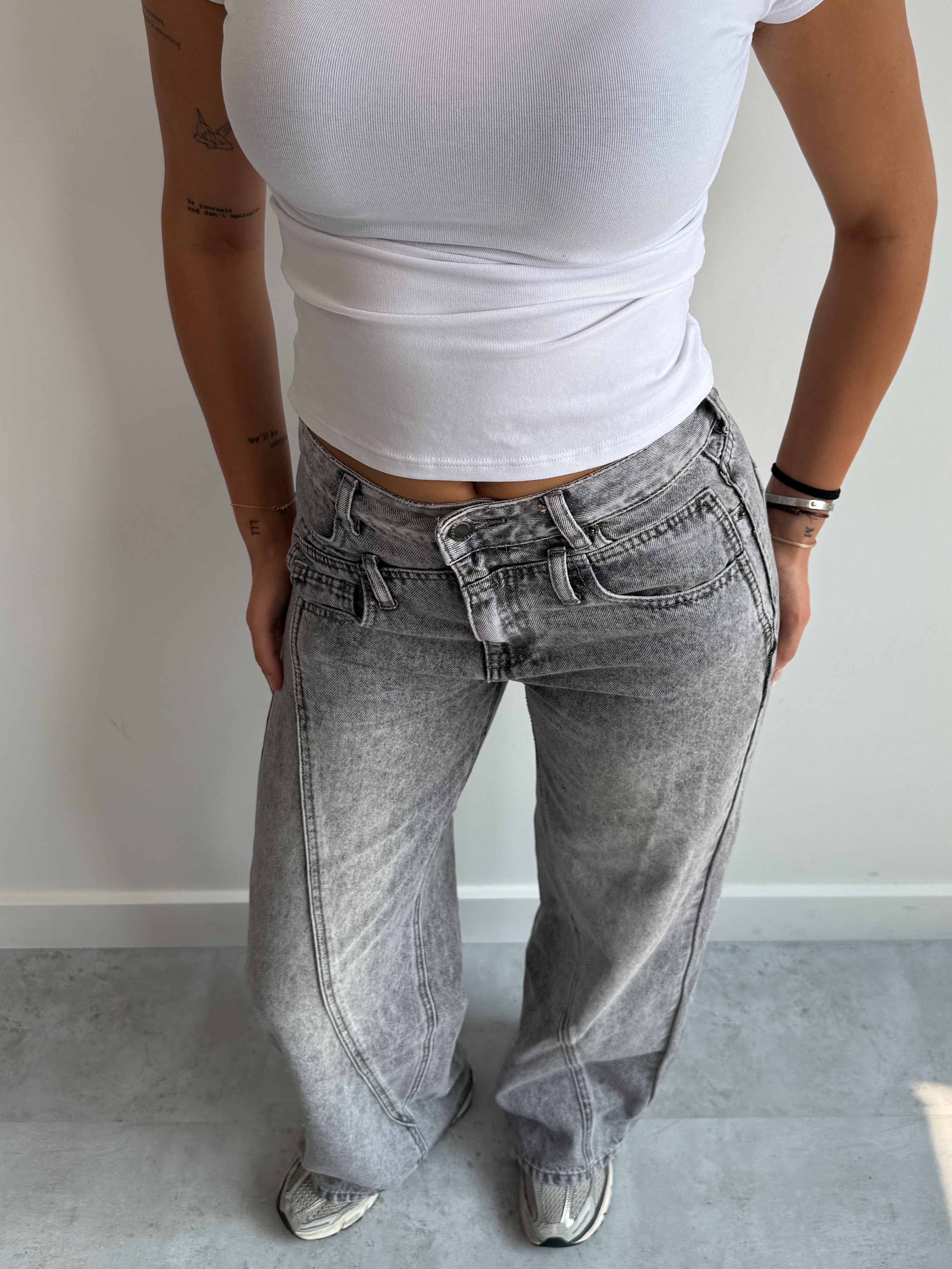 DOUBLE WAIST STRIPE JEANS GREY
