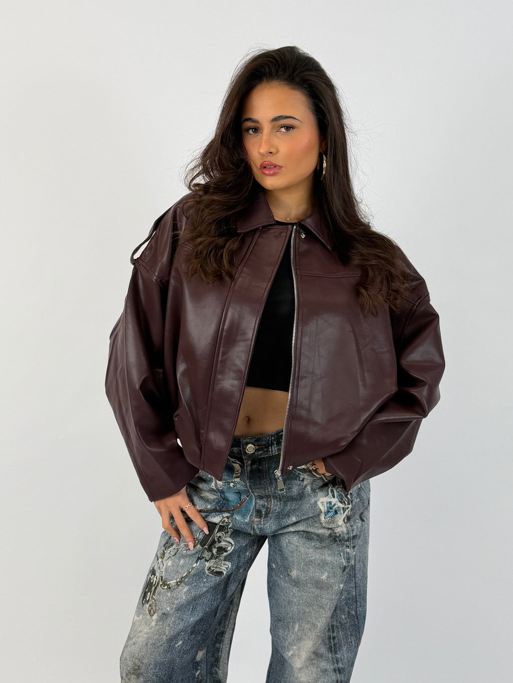PUFFY LEATHER BOMBER BORDEAUX