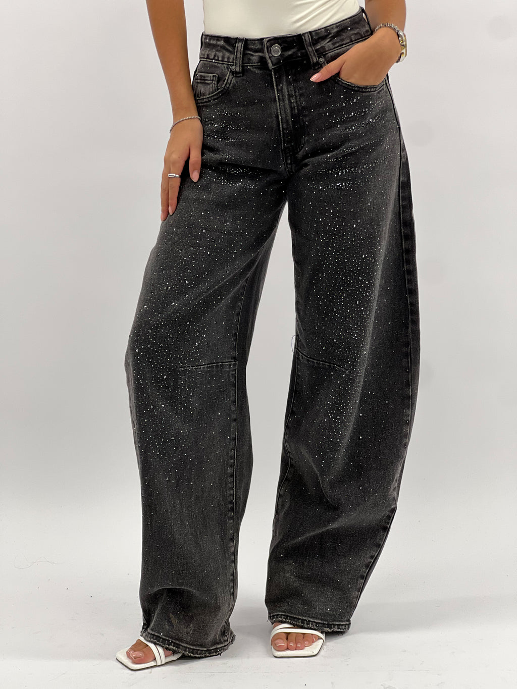 RHINESTONE STRETCH BARREL JEANS BLACK WASH