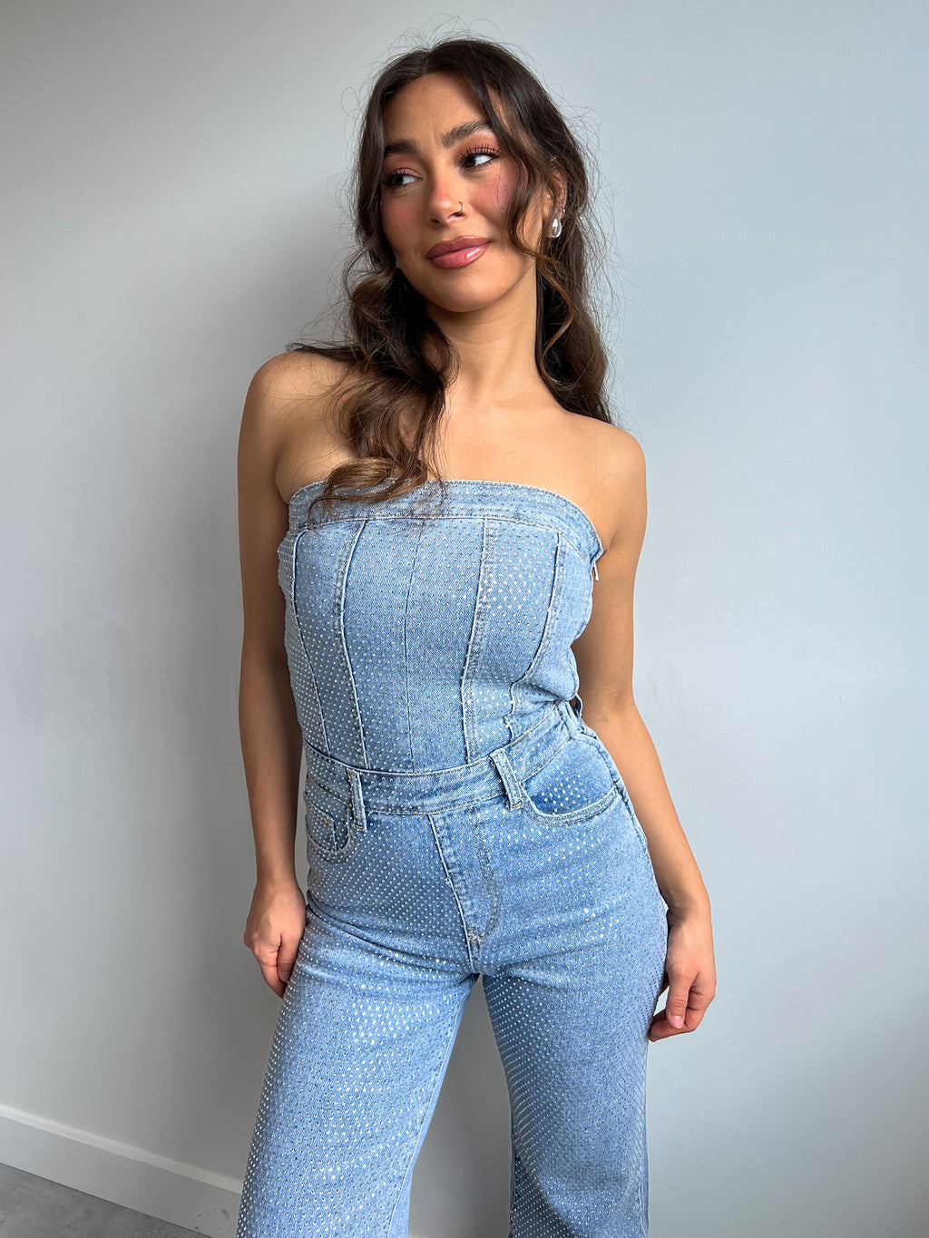 STRETCH STRASS DENIM JUMPSUIT BLUE