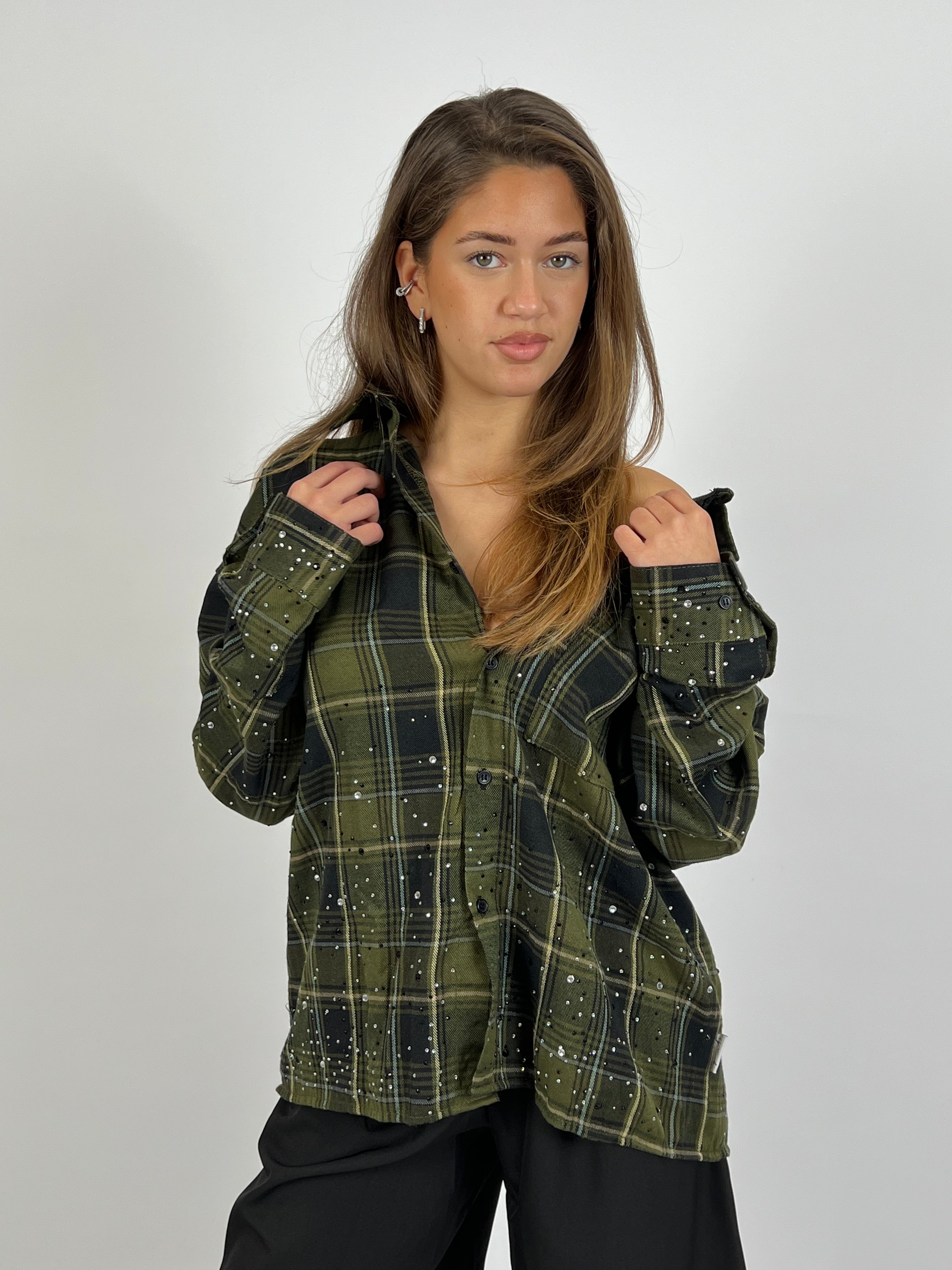 EXCLUSIVE CHECKED RHINESTONES SHIRT ARMY