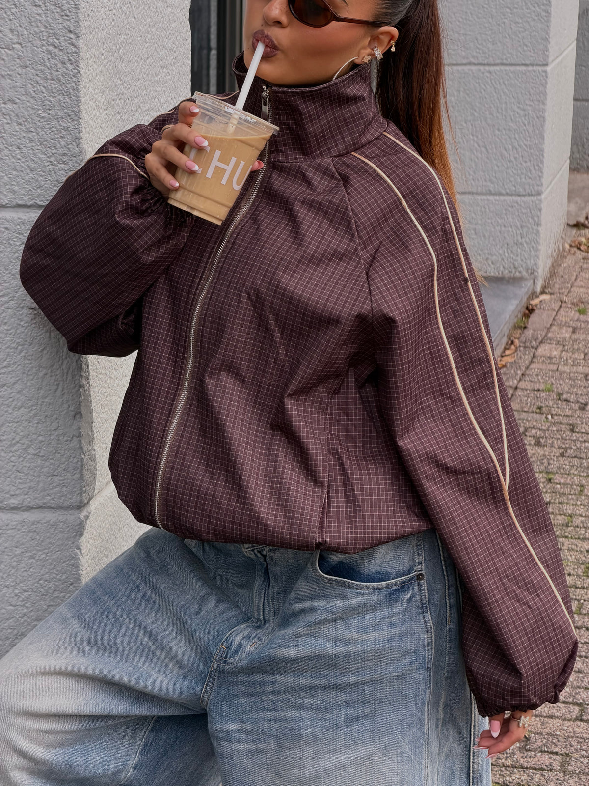 PREMIUM CHECKERED WINDBREAKER BROWN