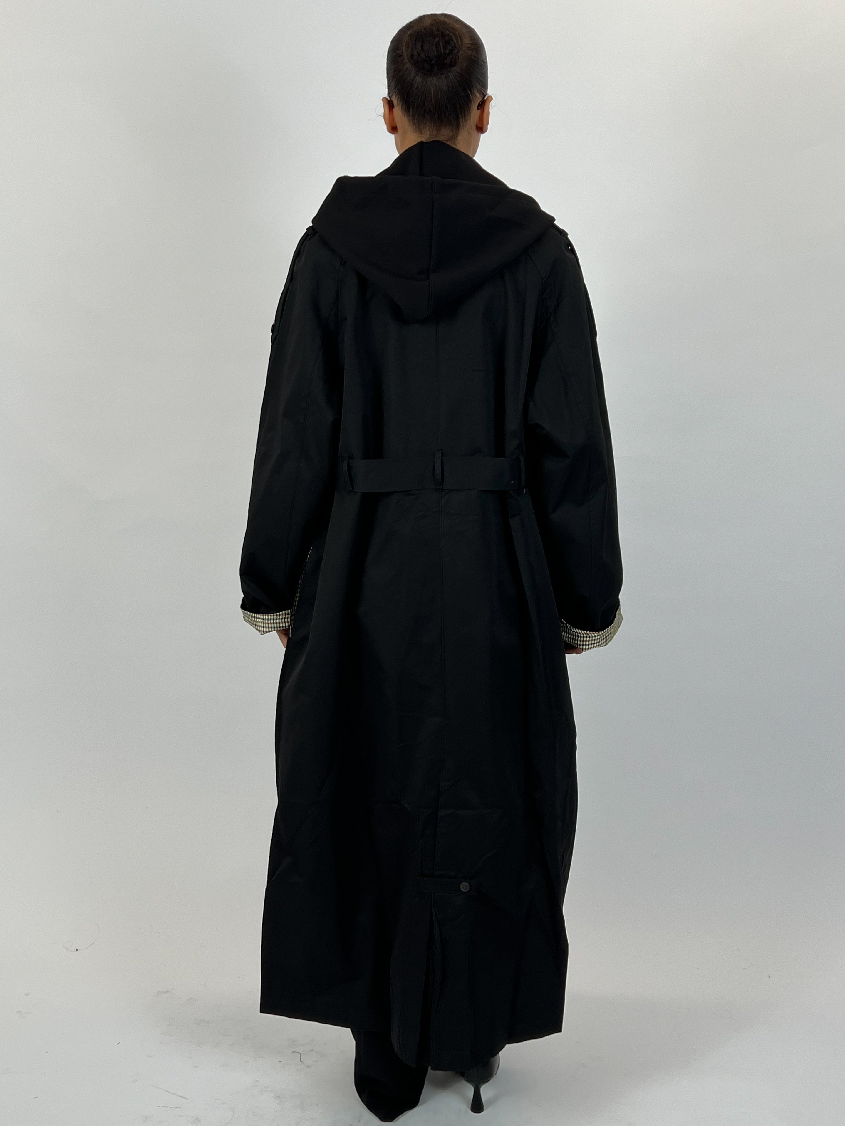 CHECHERED MAXI TRENCH COAT BLACK