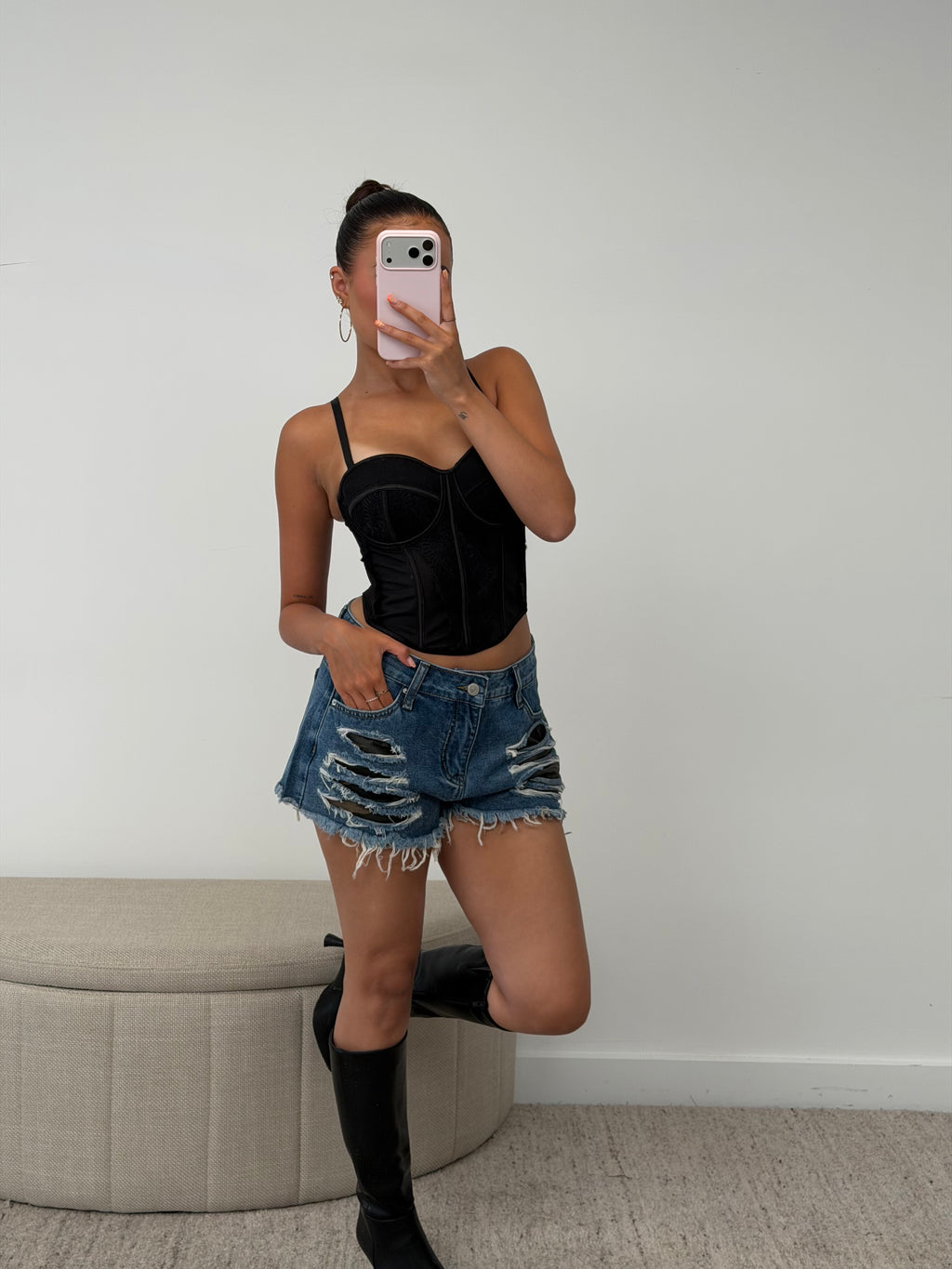 RIPPED DENIM/CAMO SHORT