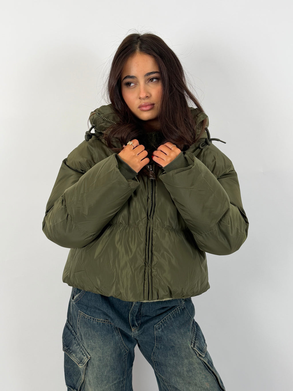 CROPPED TIE UP PUFFER ARMY