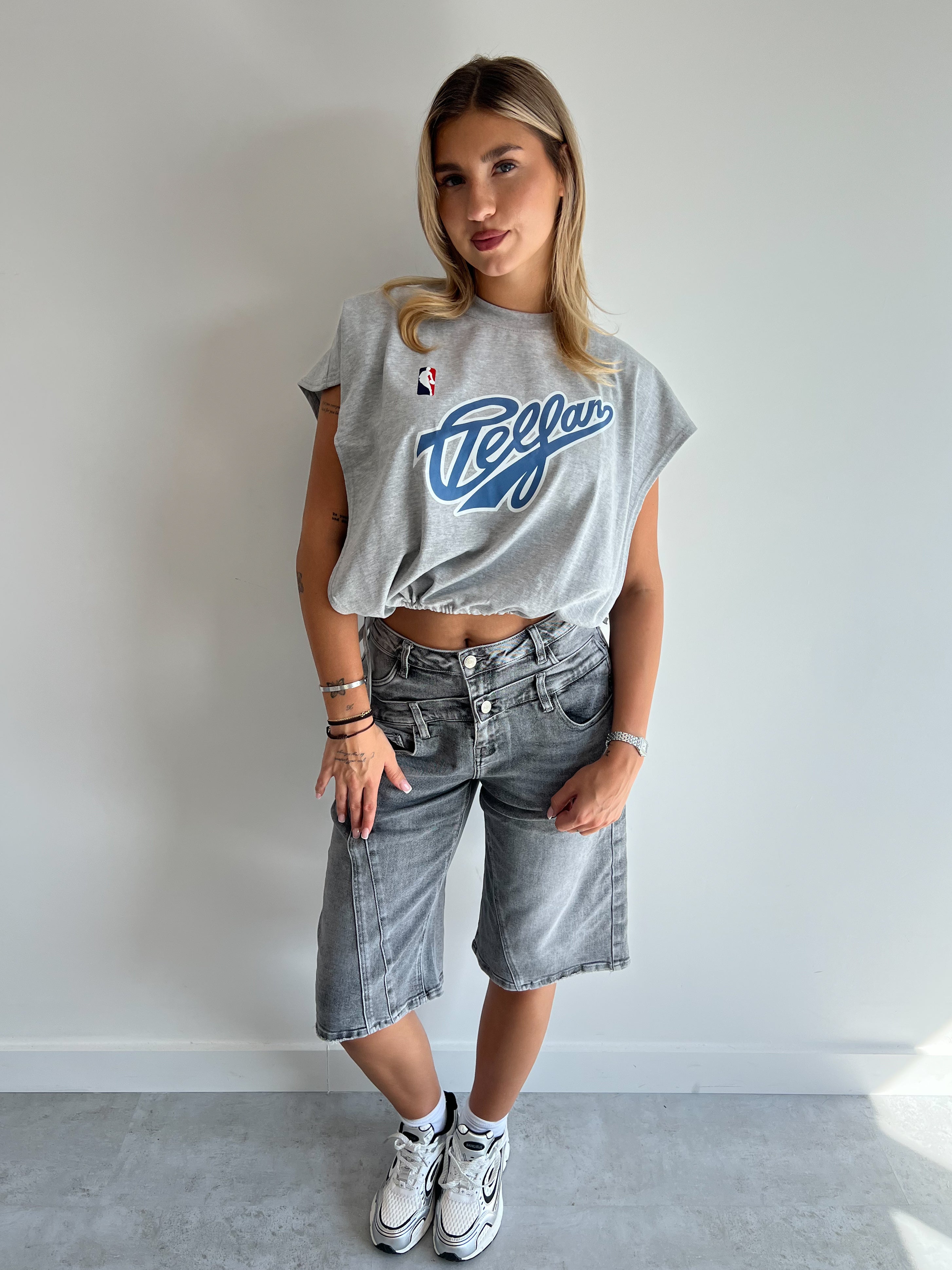 DOUBLE WAIST STRETCH JORT GREY