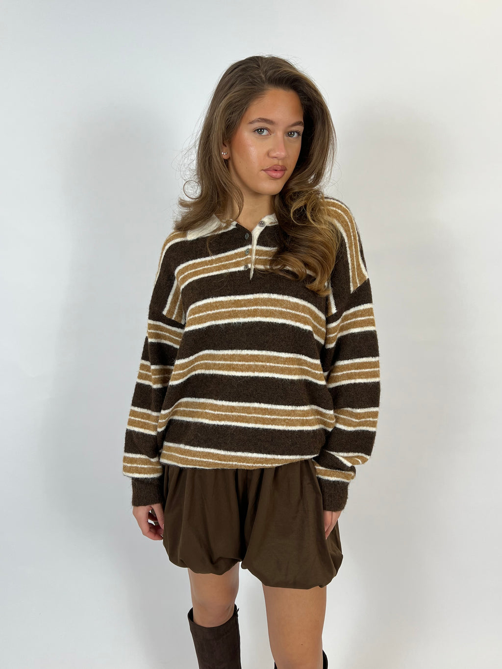 ULTRA SOFT STRIPED POLO KNIT CHOCO/BROWN
