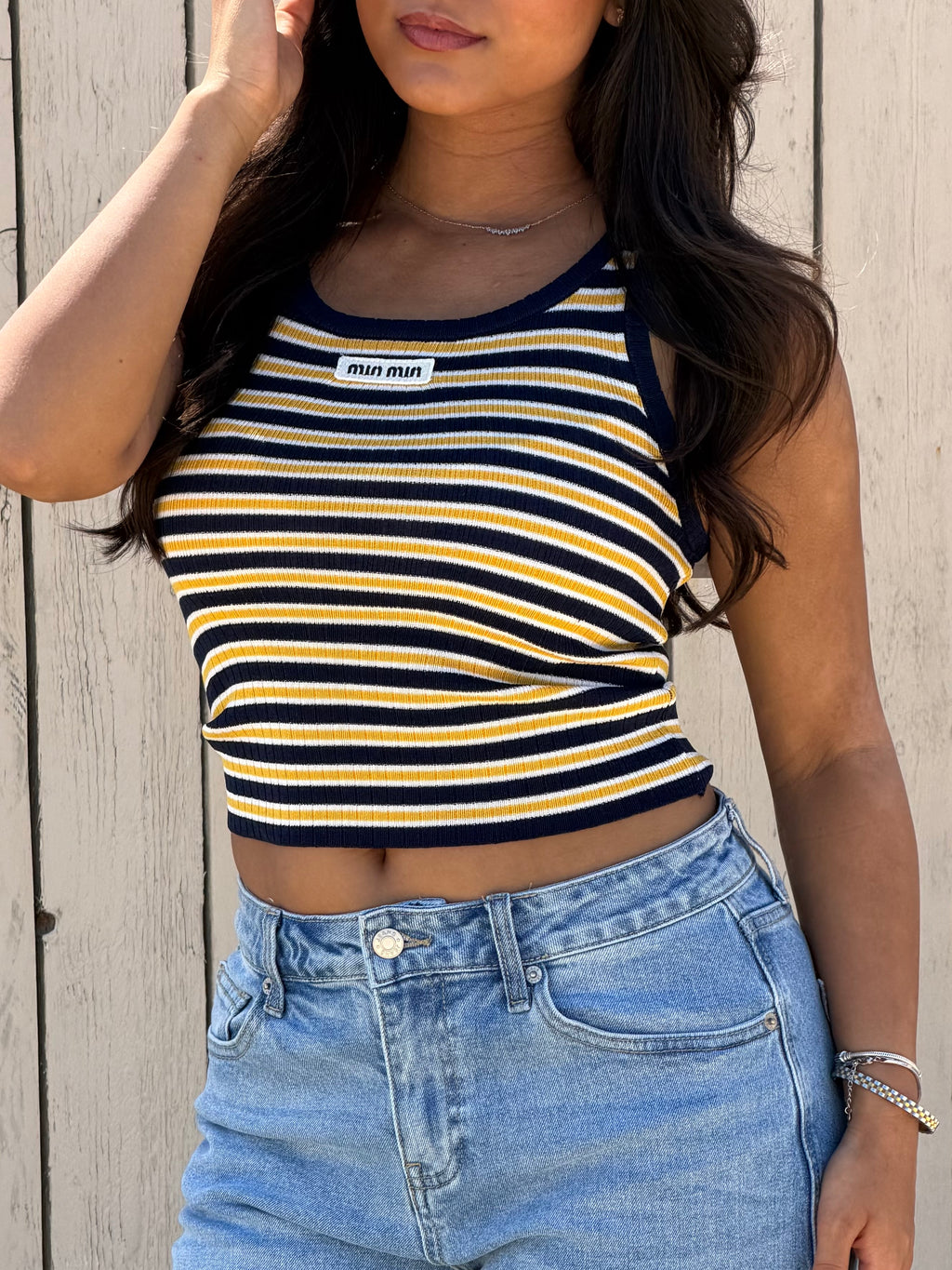 MIMI CROCHET TANK NAVY/YELLOW