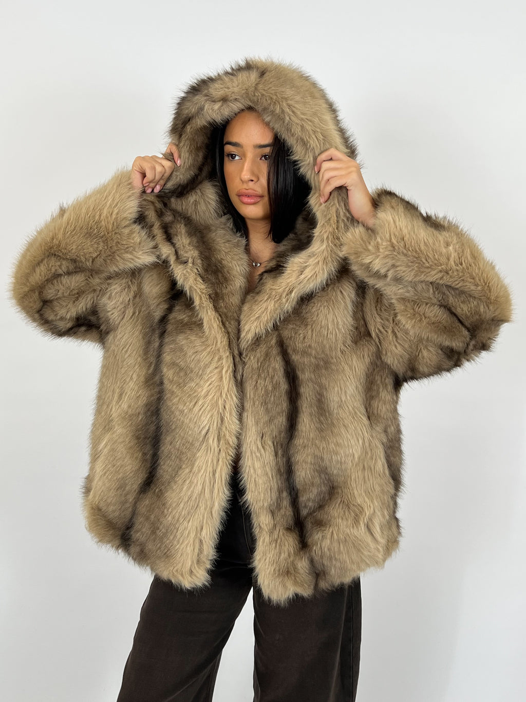 BIG COLLAR FAUX FUR COAT MELANGE BROWN