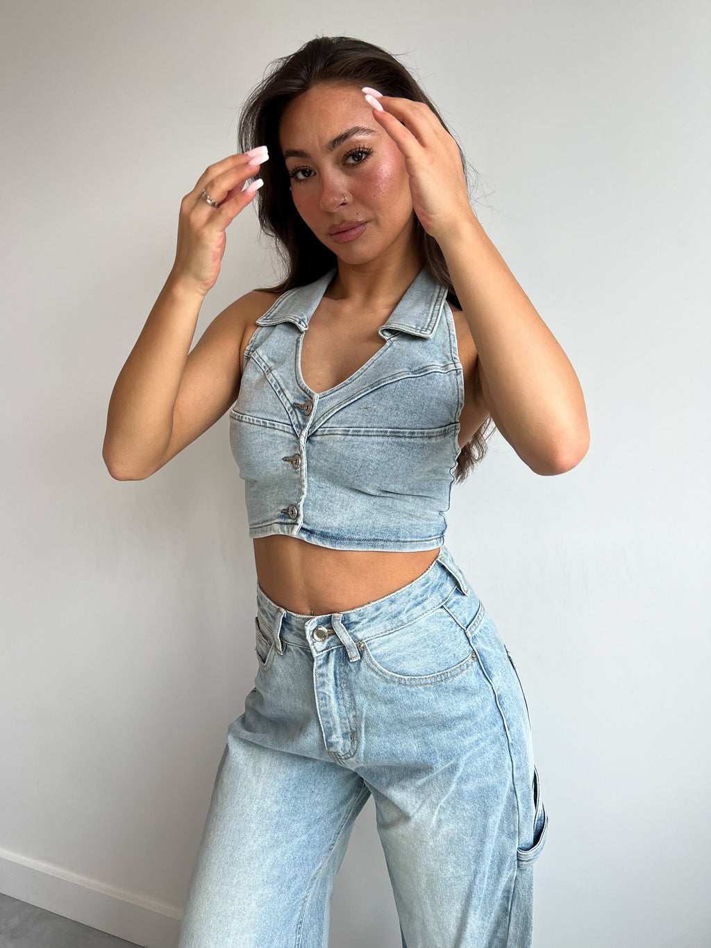 DENIM OPEN BACK TOP LIGHT BLUE