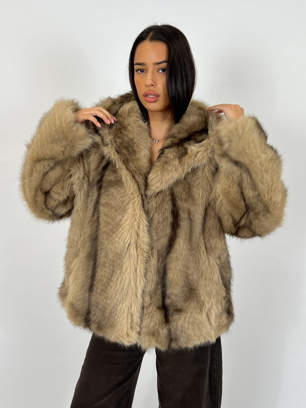 BIG COLLAR FAUX FUR COAT MELANGE BROWN