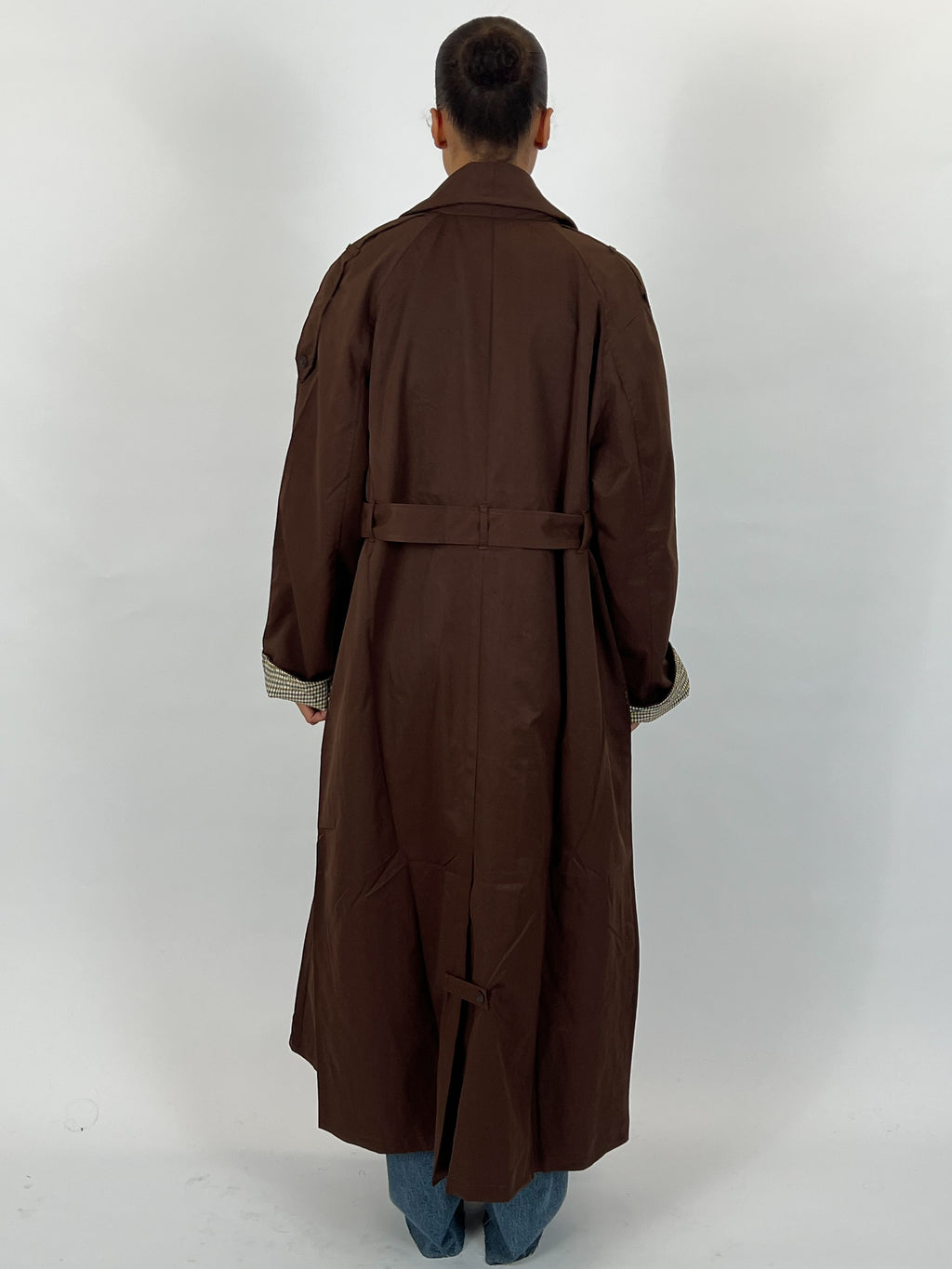 CHECHERED MAXI TRENCH COAT CHOCO