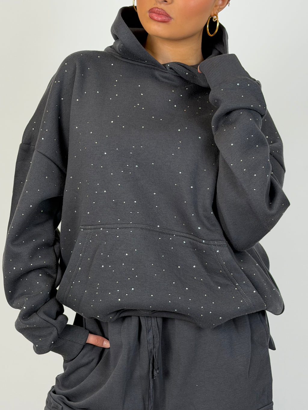 RHINESTONE HOODIE CHARCOAL
