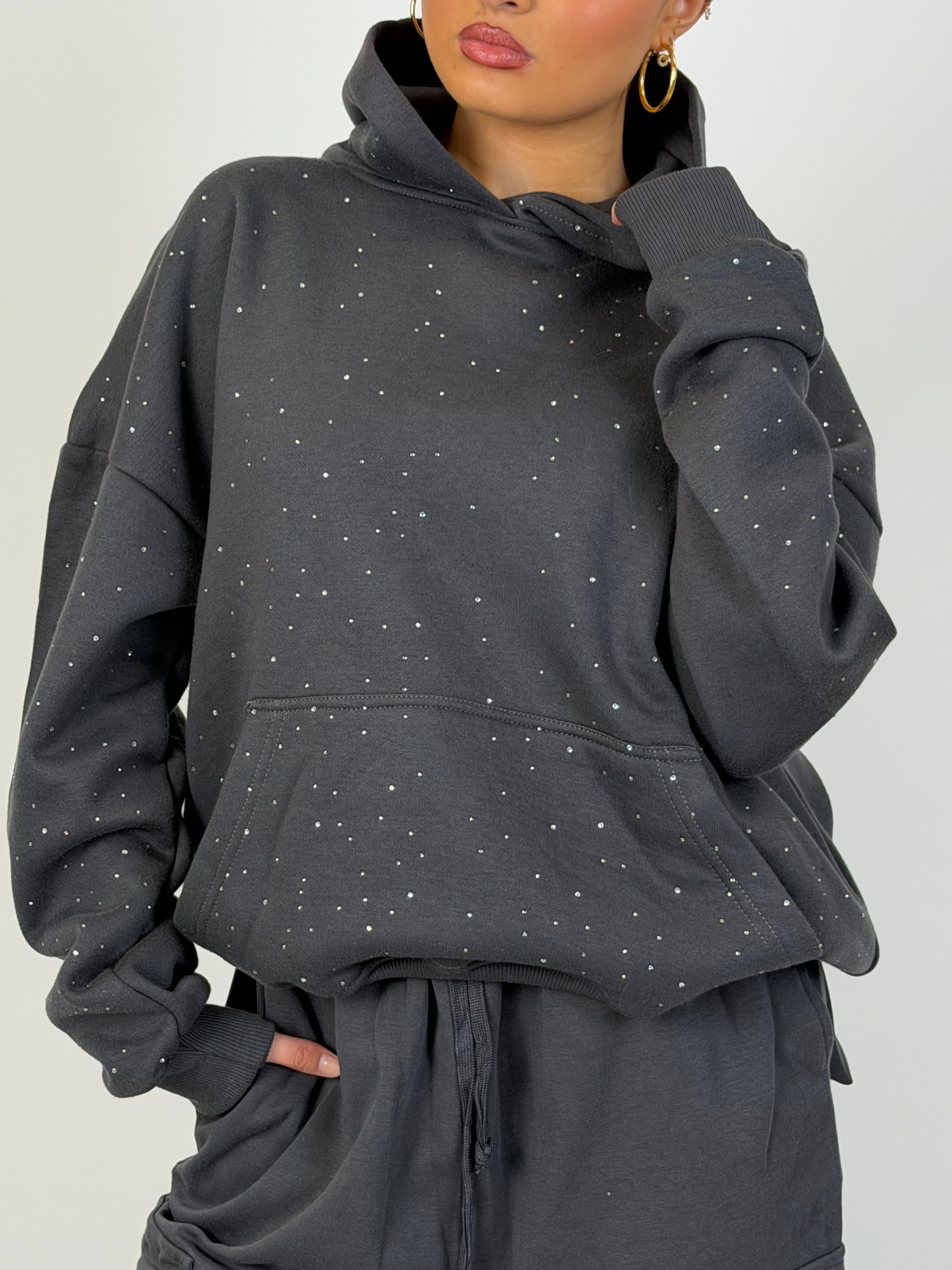 RHINESTONE HOODIE CHARCOAL